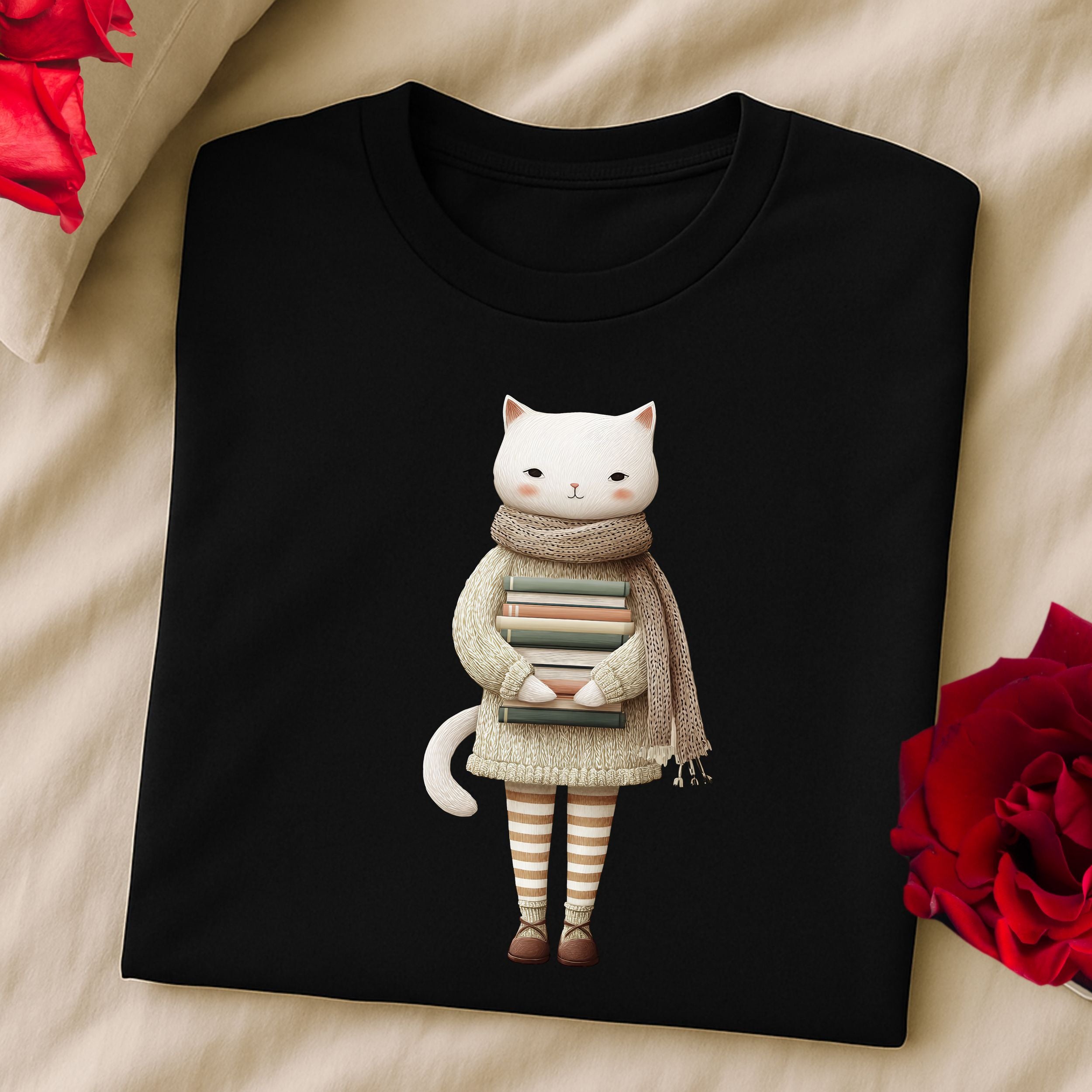 Cute Cat Holding Books Illustration T-Shirt