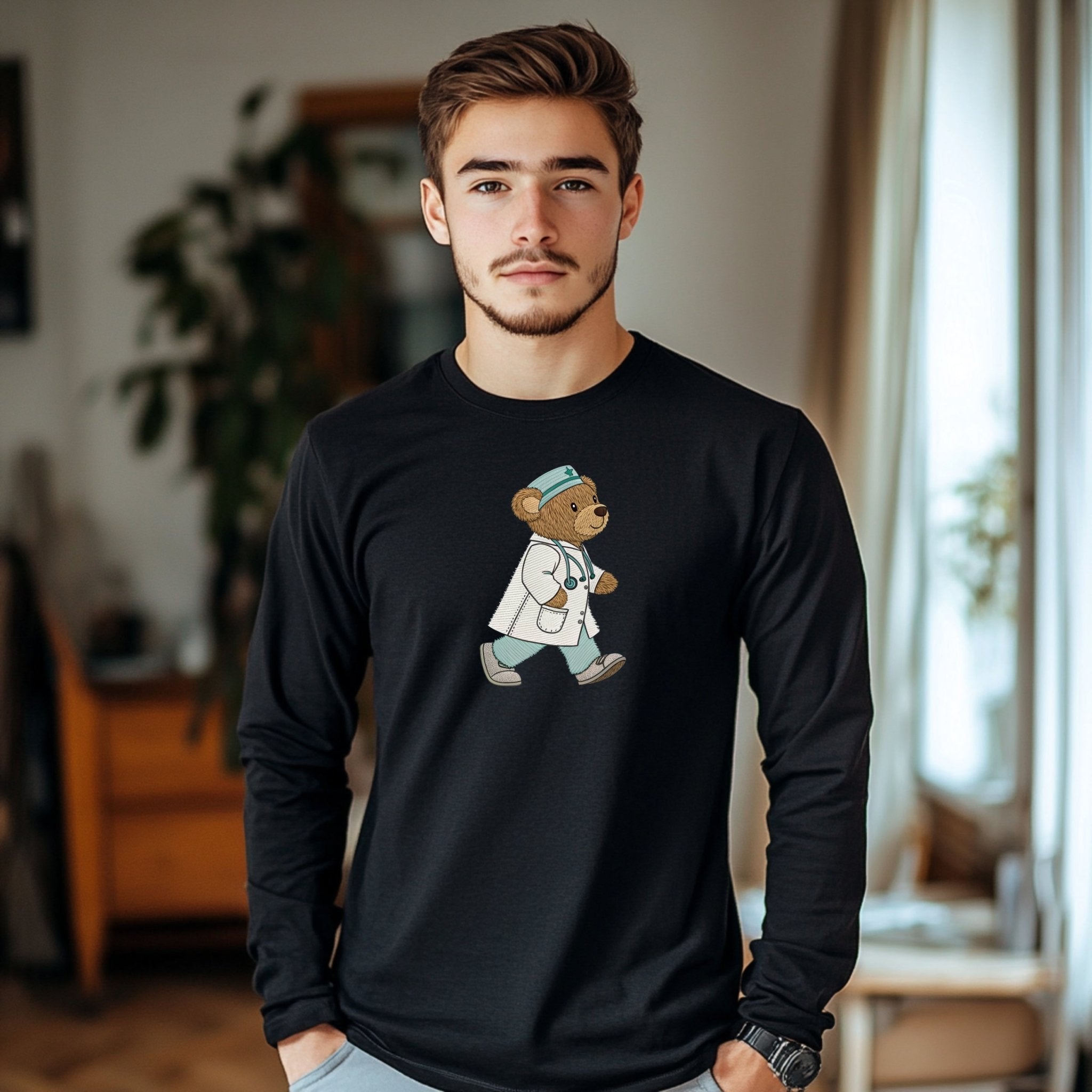 Doctor Bear Long Sleeve T-Shirt, Adorable Teddy Bear Long Sleeve Top, Perfect Gift for Healthcare Workers, Cozy Bear Themed Apparel - Craig Michael Design