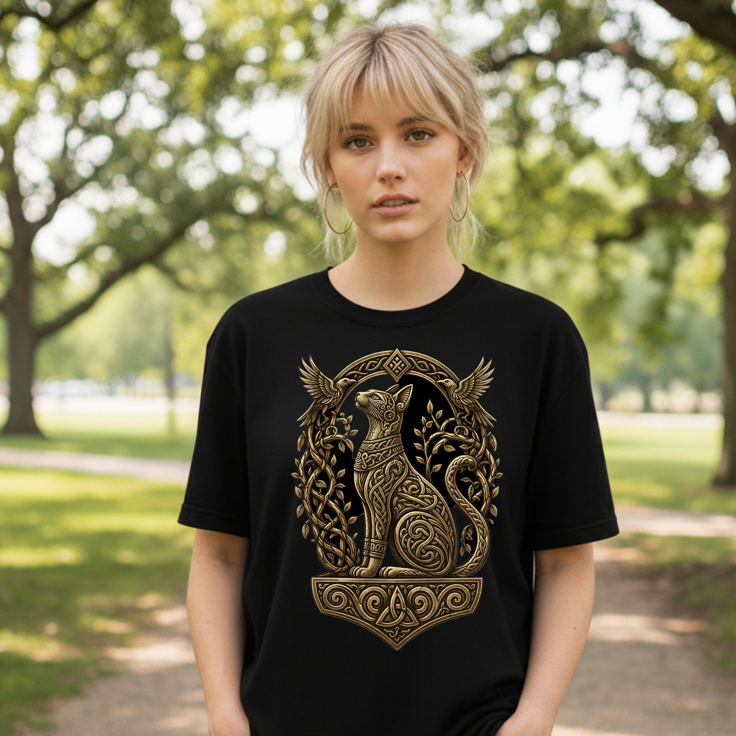 Black t-shirt with gold Celtic knotwork cat and birds design.