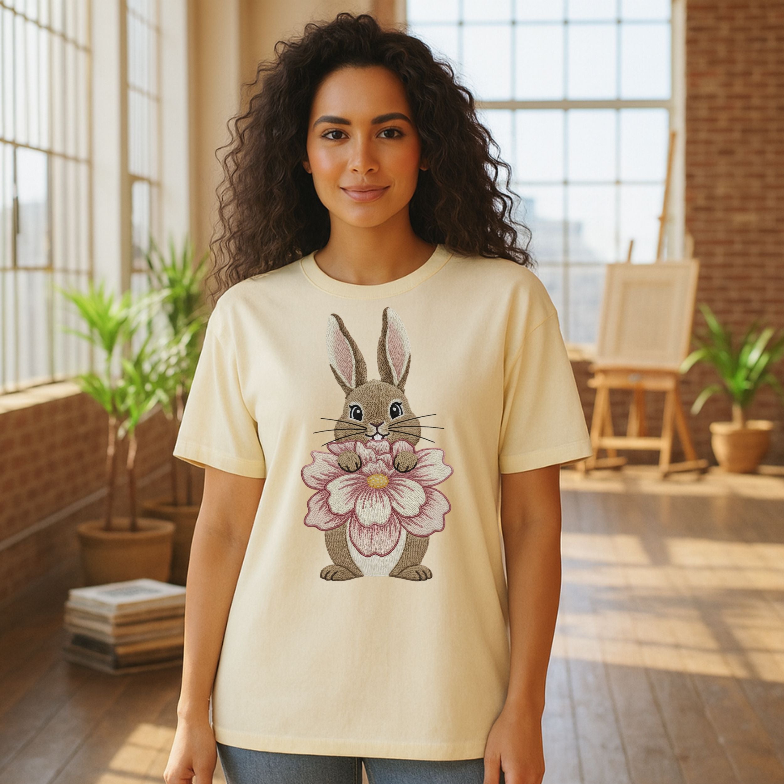 Cute Bunny Holding Flower Graphic T-Shirt for Women