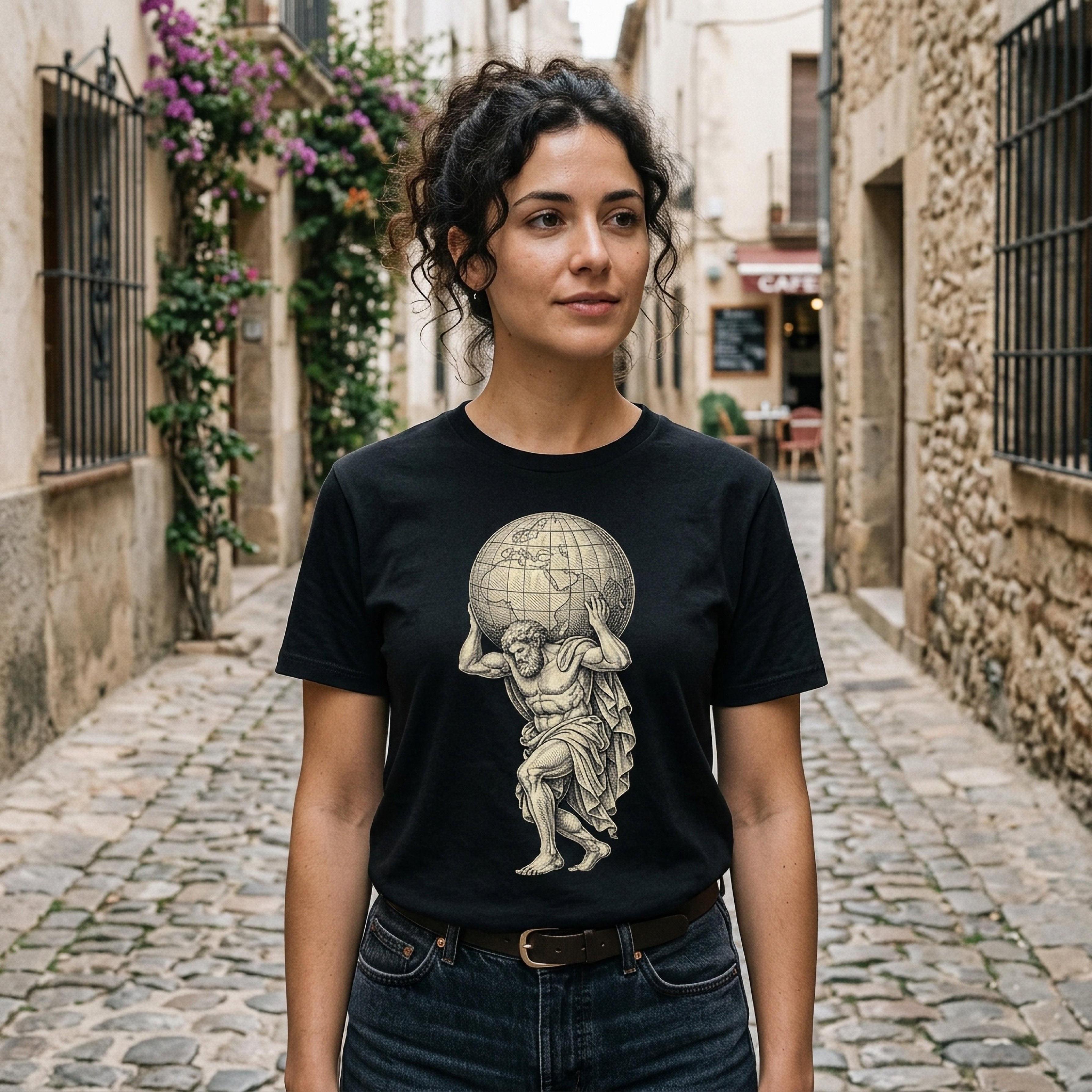 Woman wearing a black t-shirt with Atlas holding up the earth graphic.