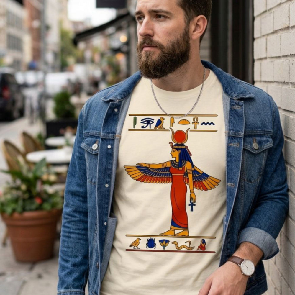Man wearing a t-shirt with an Egyptian goddess illustration and hieroglyphs.