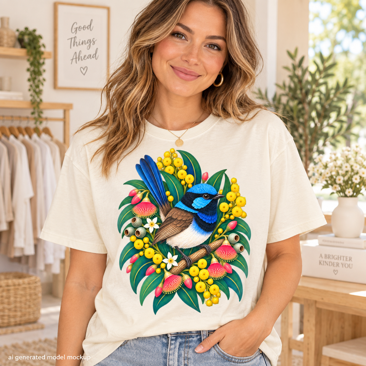 Cream t-shirt with a blue fairy wren and Australian flora print.