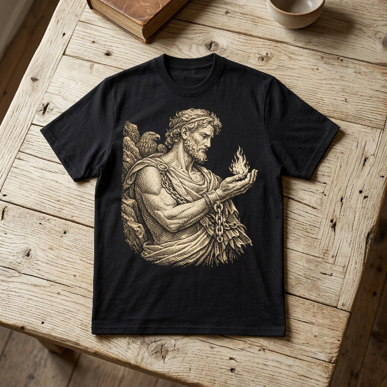 Black t-shirt with an illustration of Prometheus holding fire.