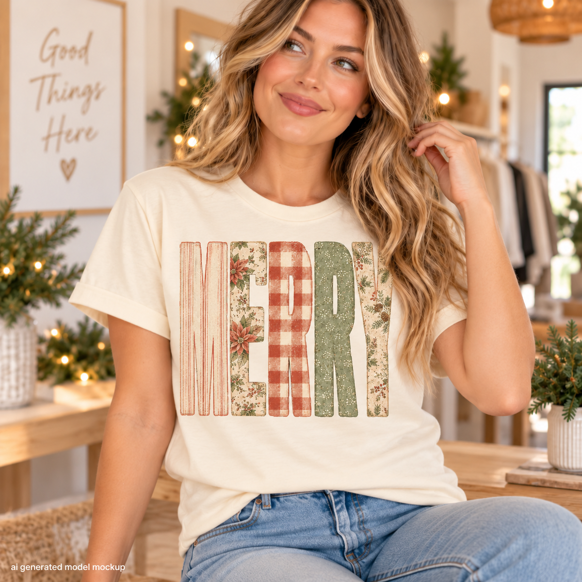 Cream t-shirt with "MERRY" printed in festive floral and plaid patterns.