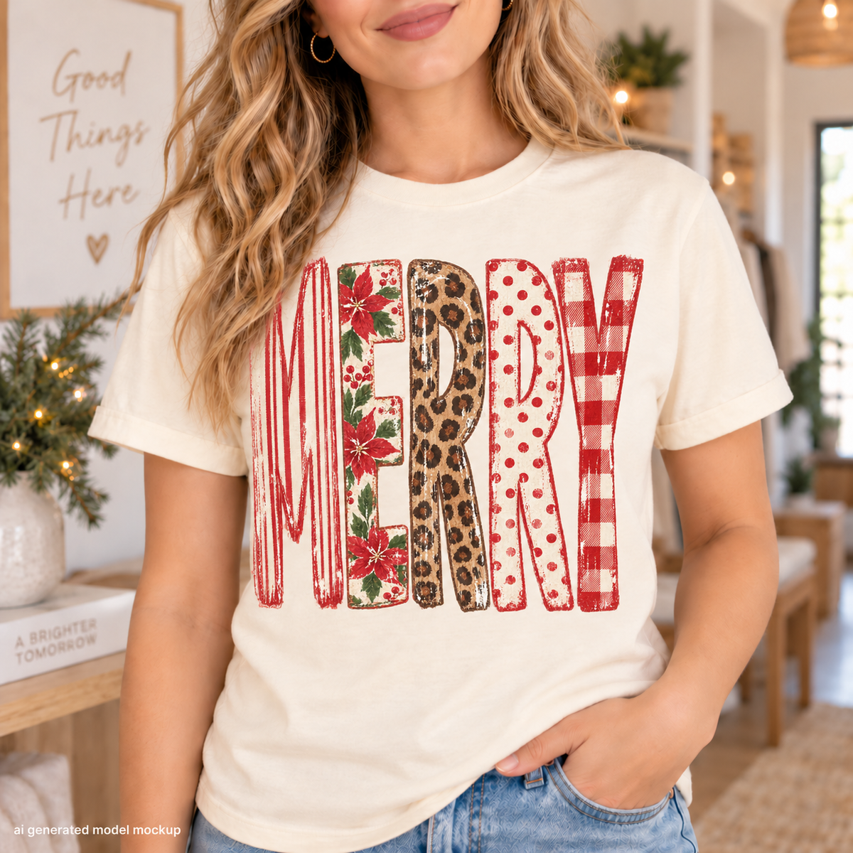 Cream t-shirt with "MERRY" in festive patterns: stripes, poinsettias, leopard, polka dots, and plaid.