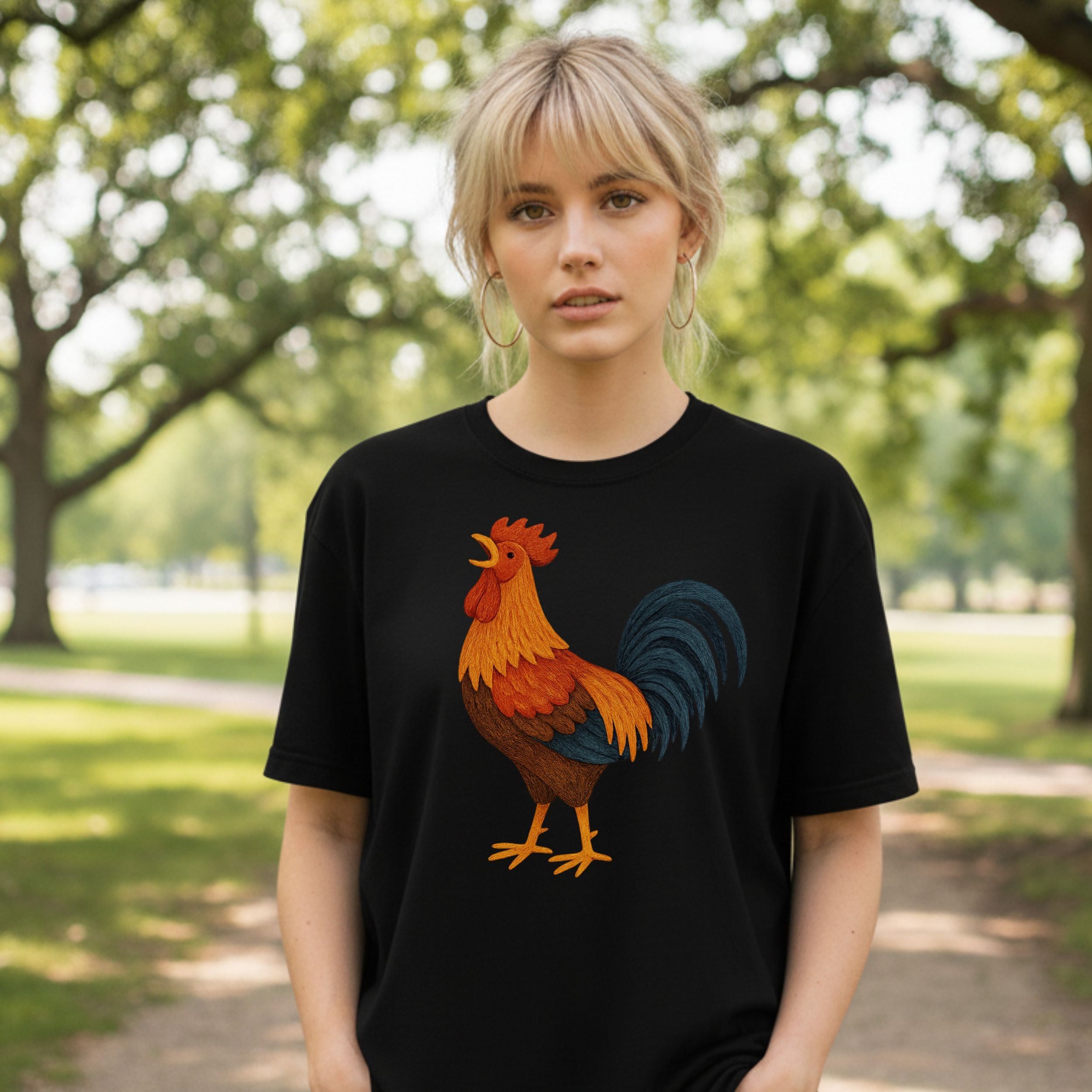 Vibrant Rooster Design on Casual Black T-Shirt