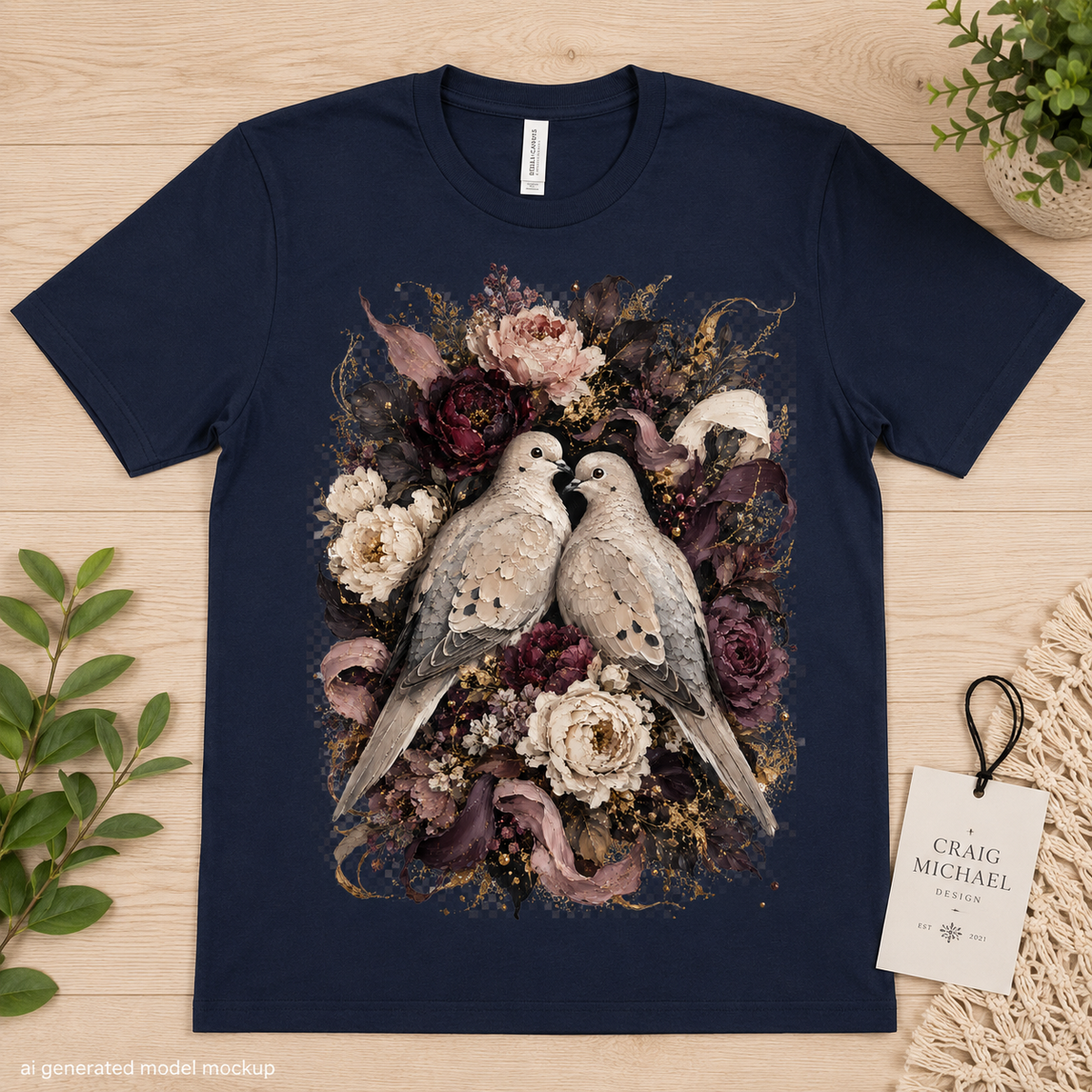 Navy t-shirt with a floral design featuring two doves and dark roses.