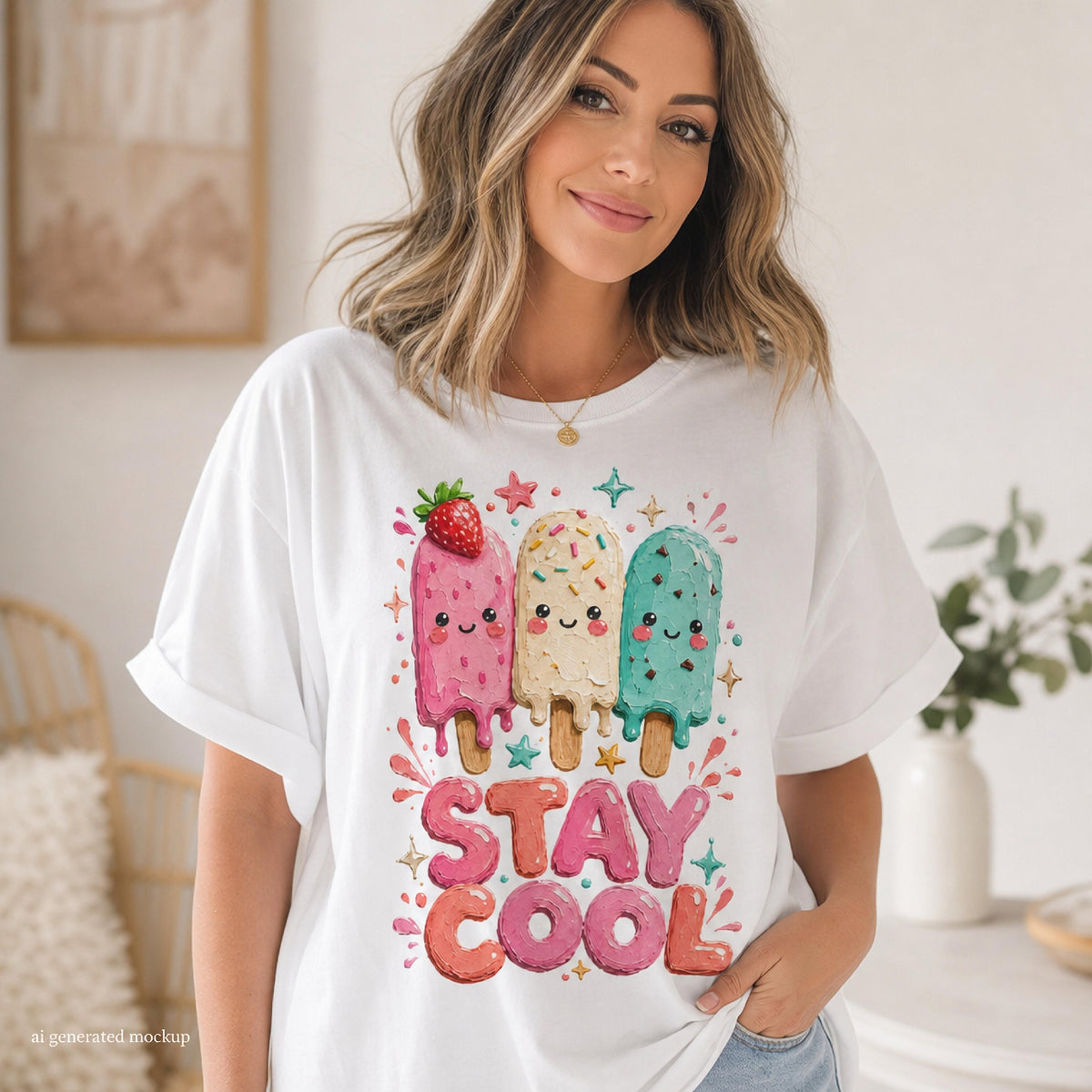 White t-shirt with cartoon popsicles and "STAY COOL" text.
