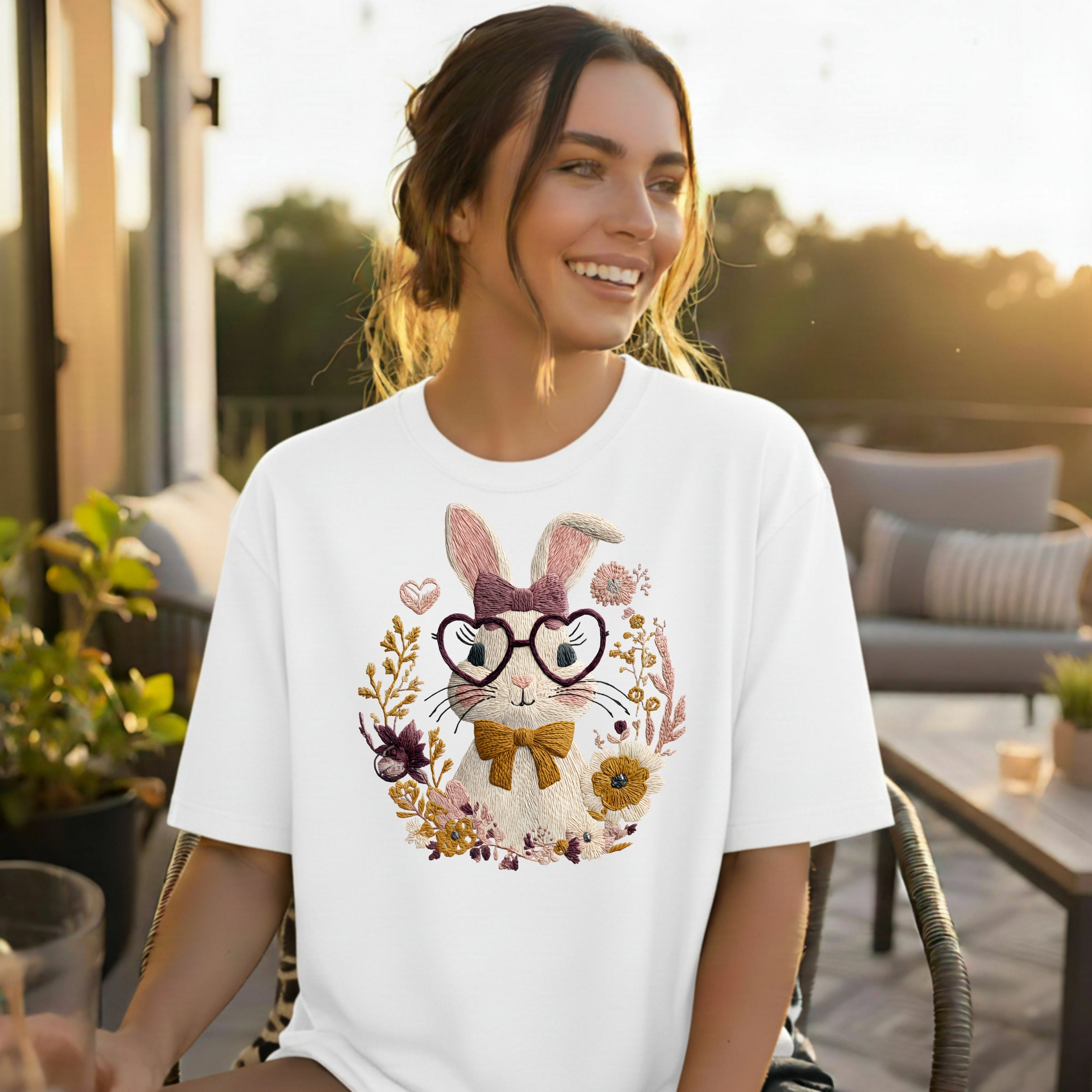 Cute Bunny with Glasses Graphic White T-shirt