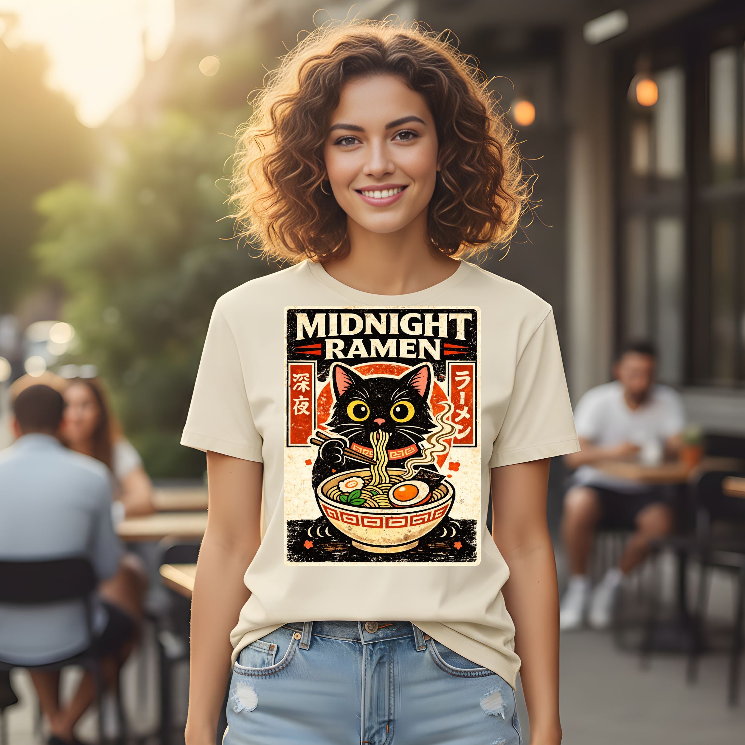 Midnight Ramen Cat Graphic Design T-Shirt