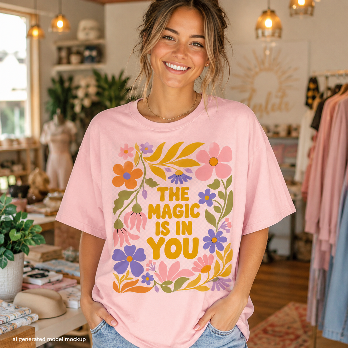 Pink t-shirt with floral graphic and text "The Magic Is In You".