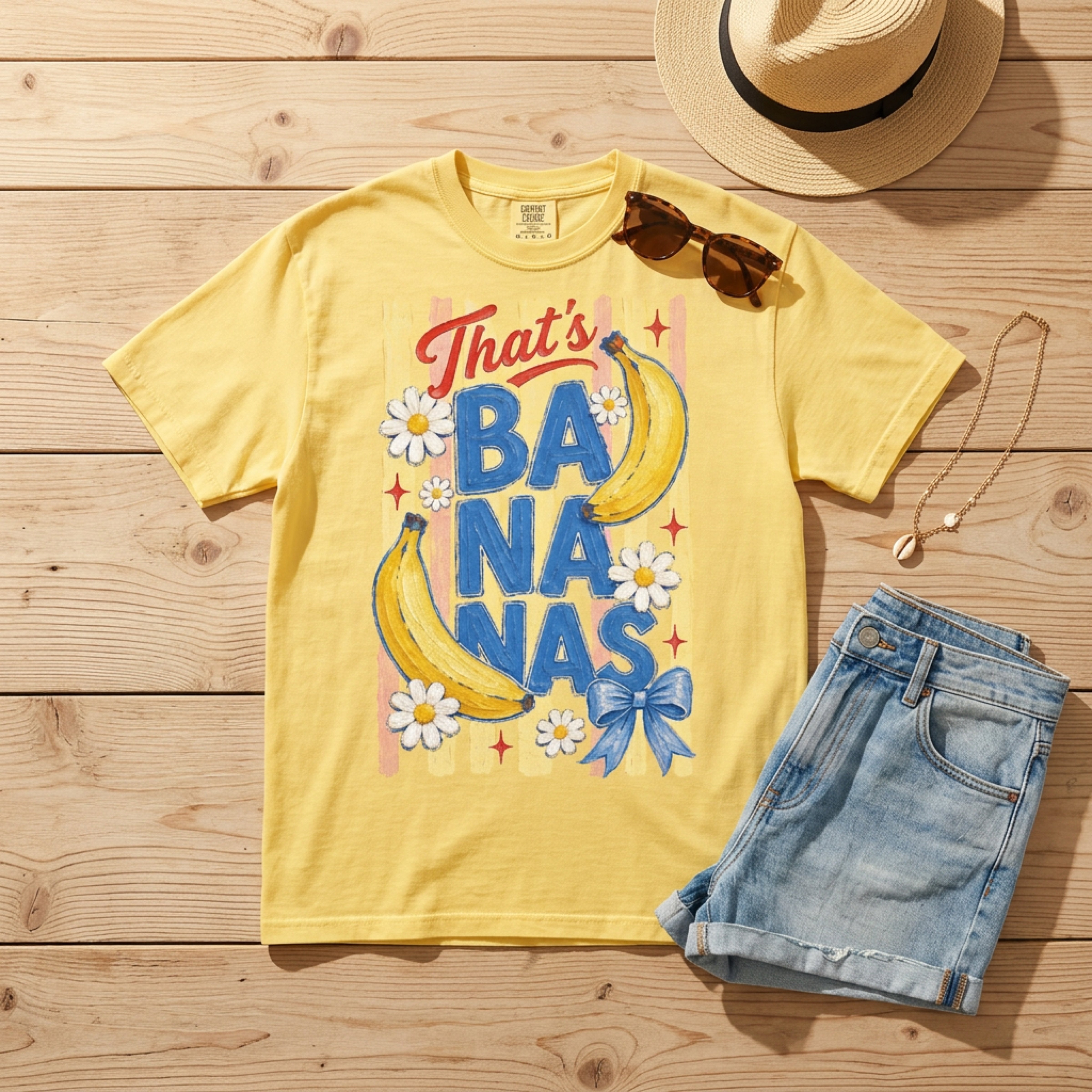 Yellow t-shirt with "That's Bananas" text, two bananas, and a blue bow.