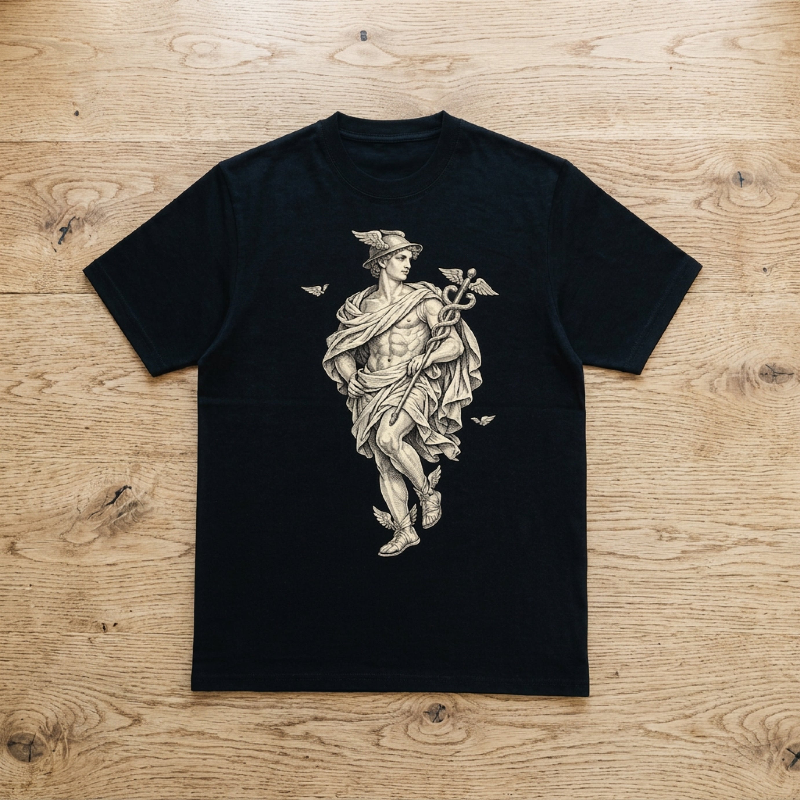 Black t-shirt with Roman god Mercury depicted in a classical illustration.