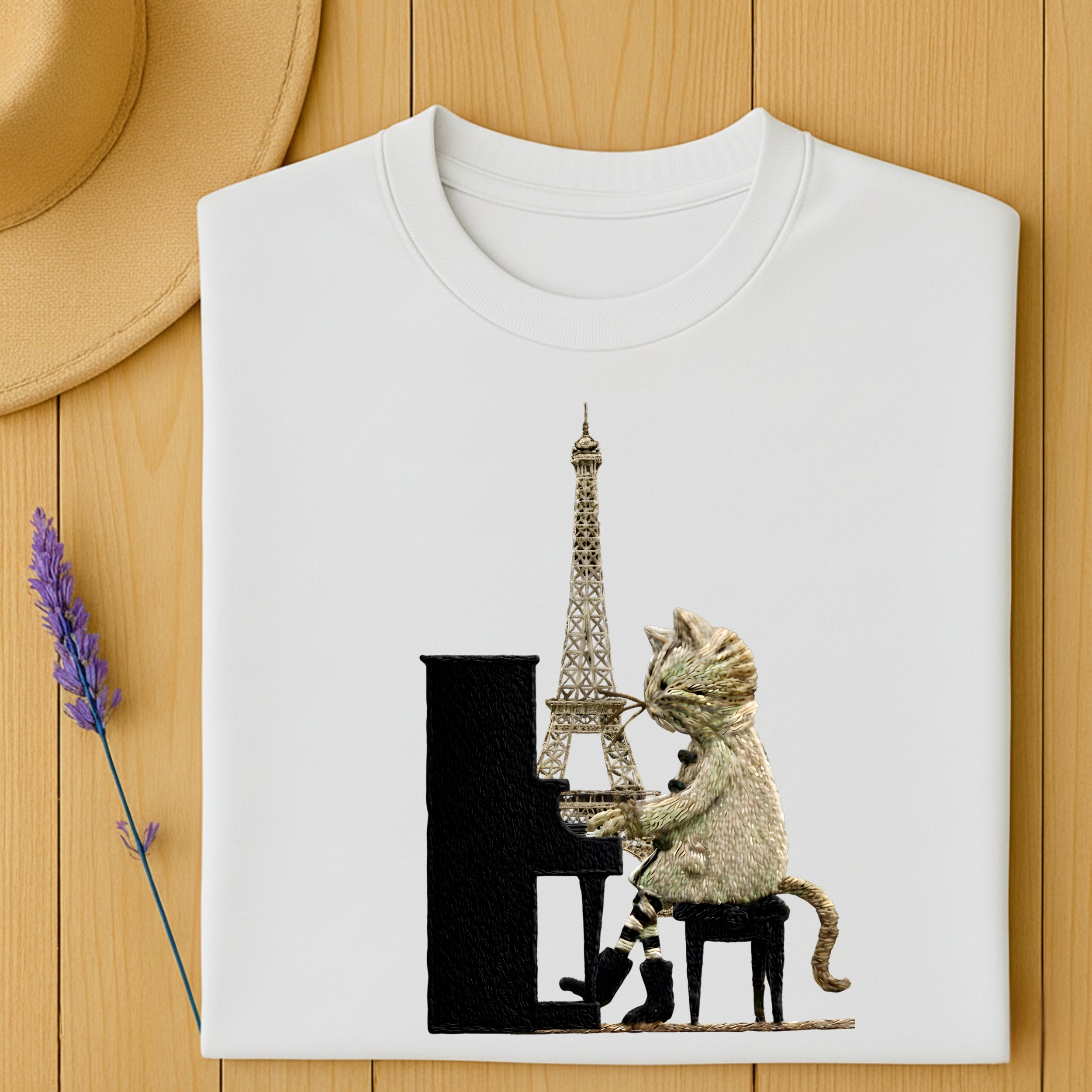 Cat Playing Piano Artwork with Eiffel Tower Shirt