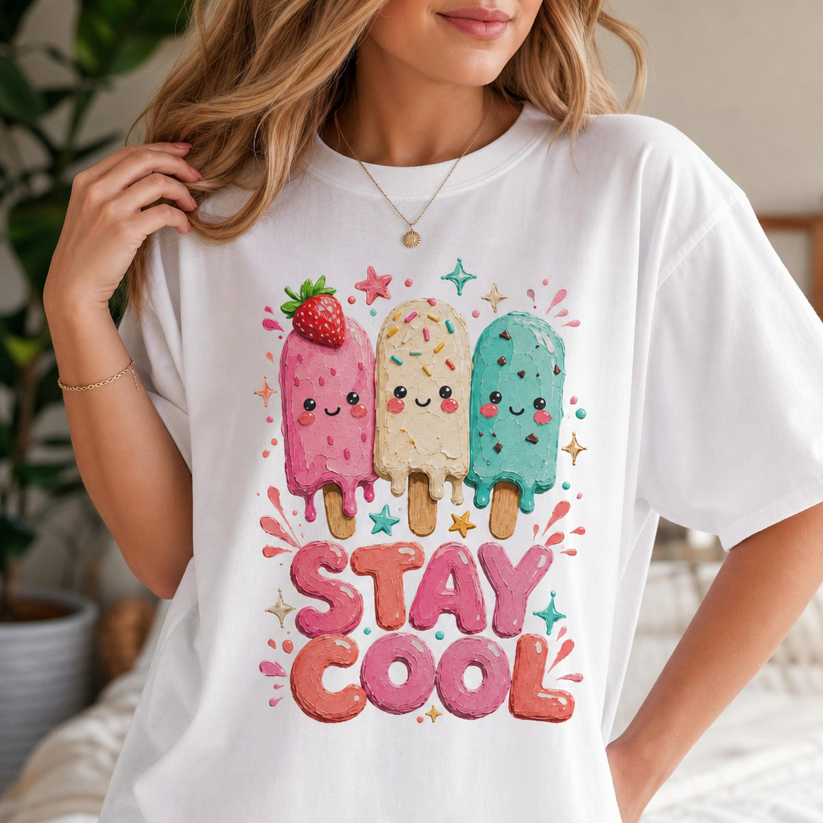 White t-shirt with three cartoon popsicles and the text "STAY COOL".