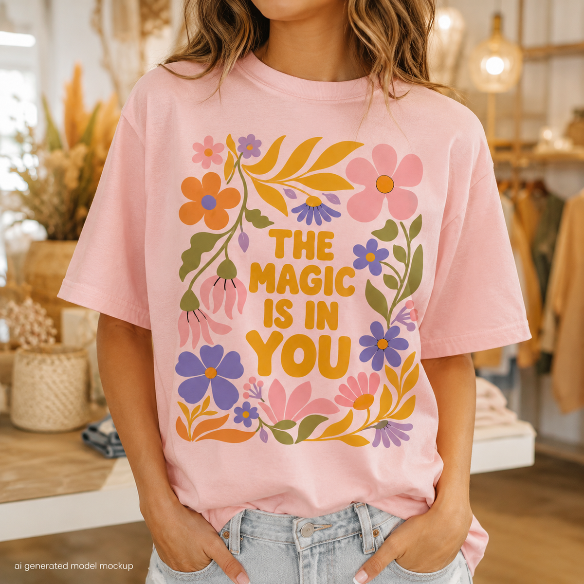 Pink t-shirt with colorful floral graphic and text "The Magic Is In You".