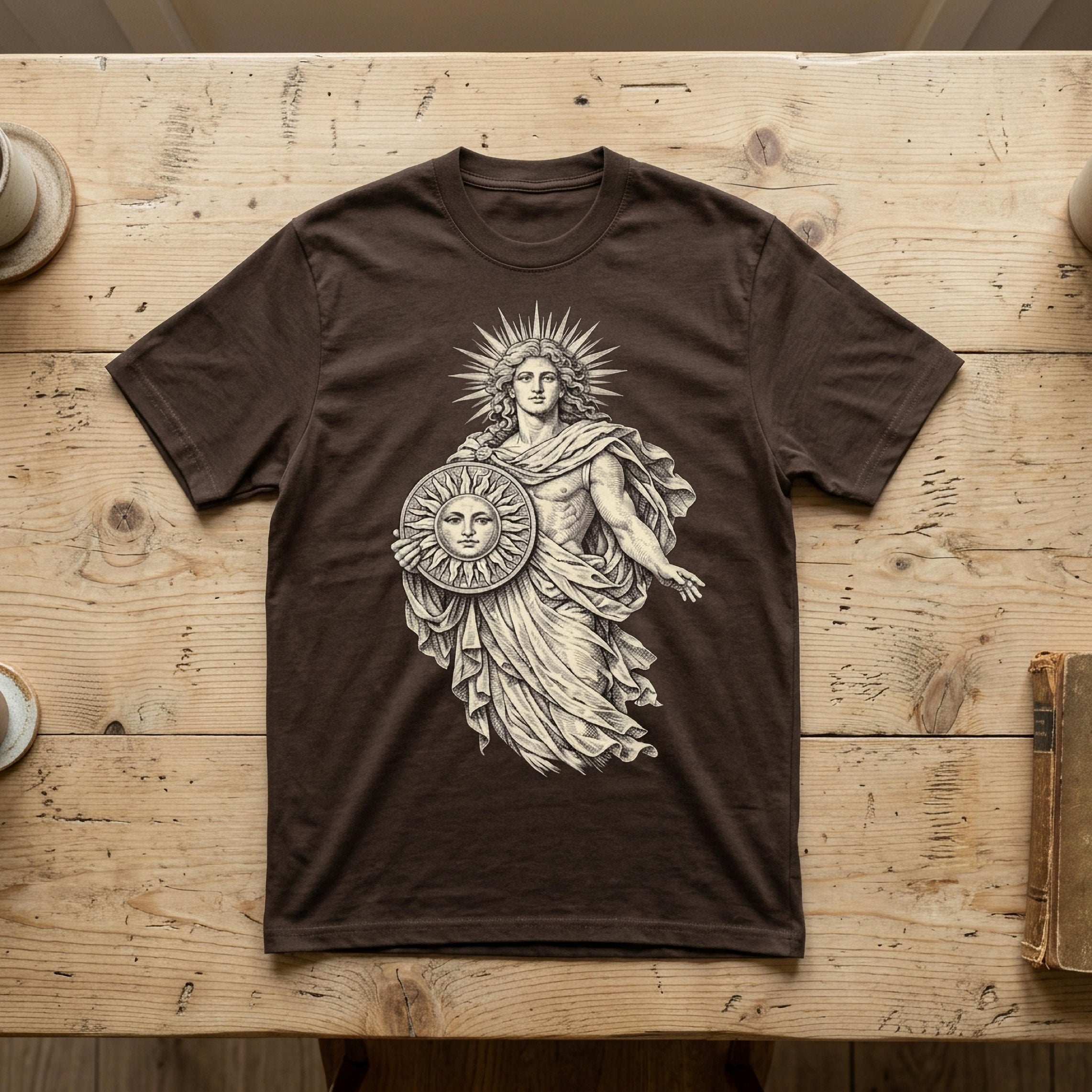 Brown t-shirt with a drawing of Apollo holding a sun shield.