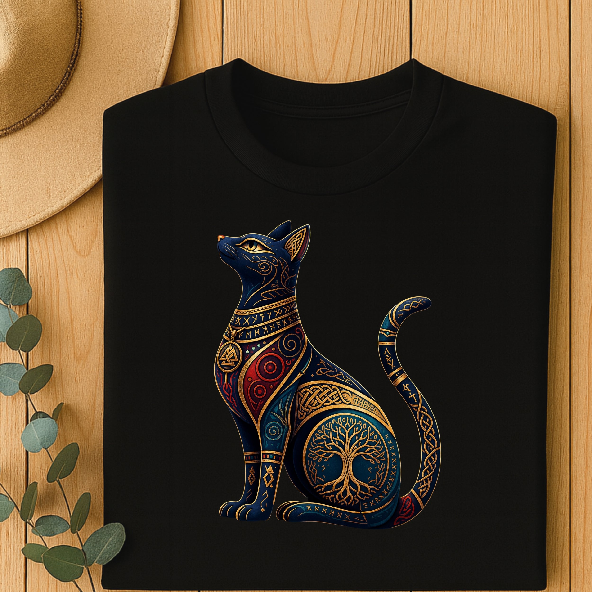 Black t-shirt with intricate gold and red Celtic knotwork cat design.