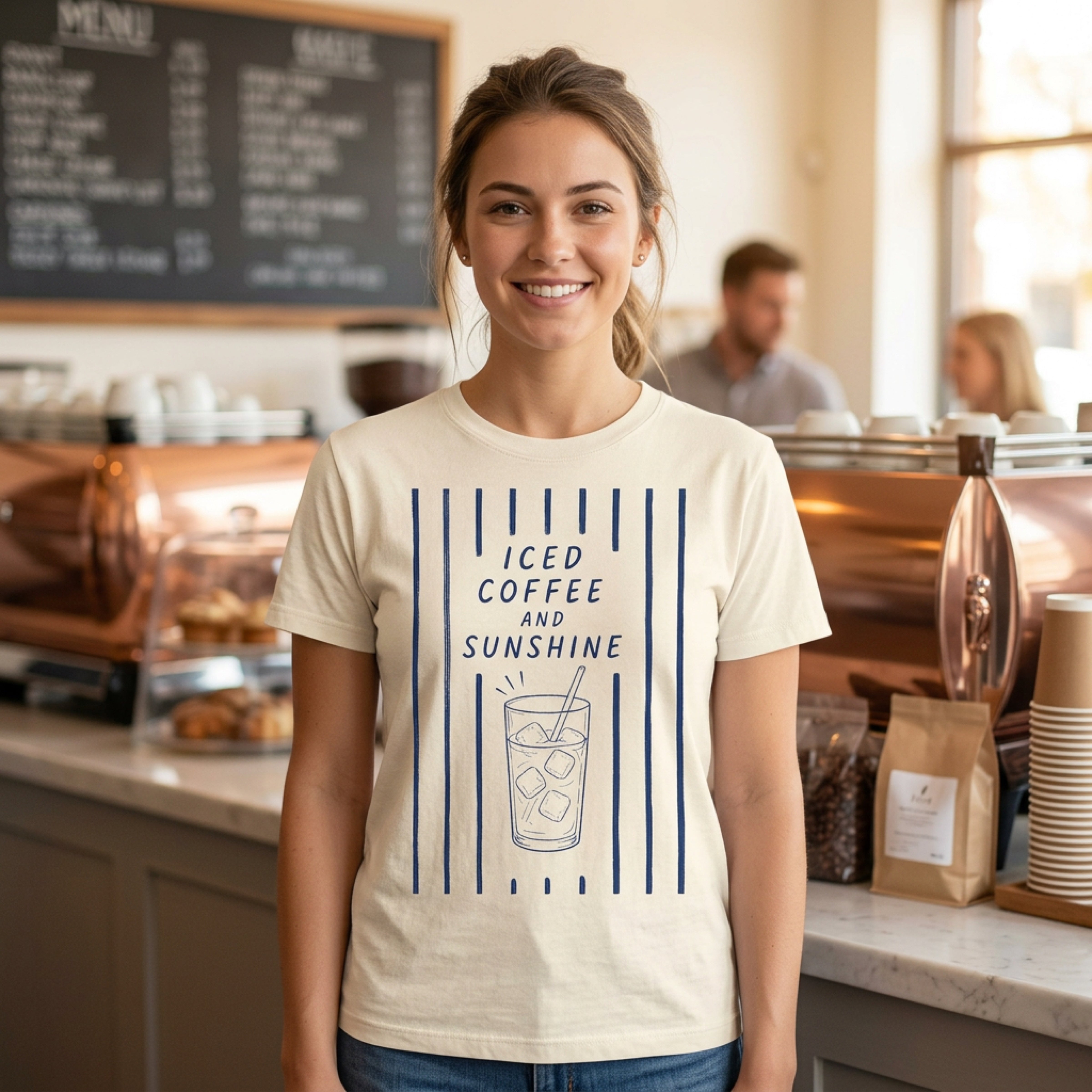 Cream t-shirt with "Iced Coffee and Sunshine" text and blue stripes.