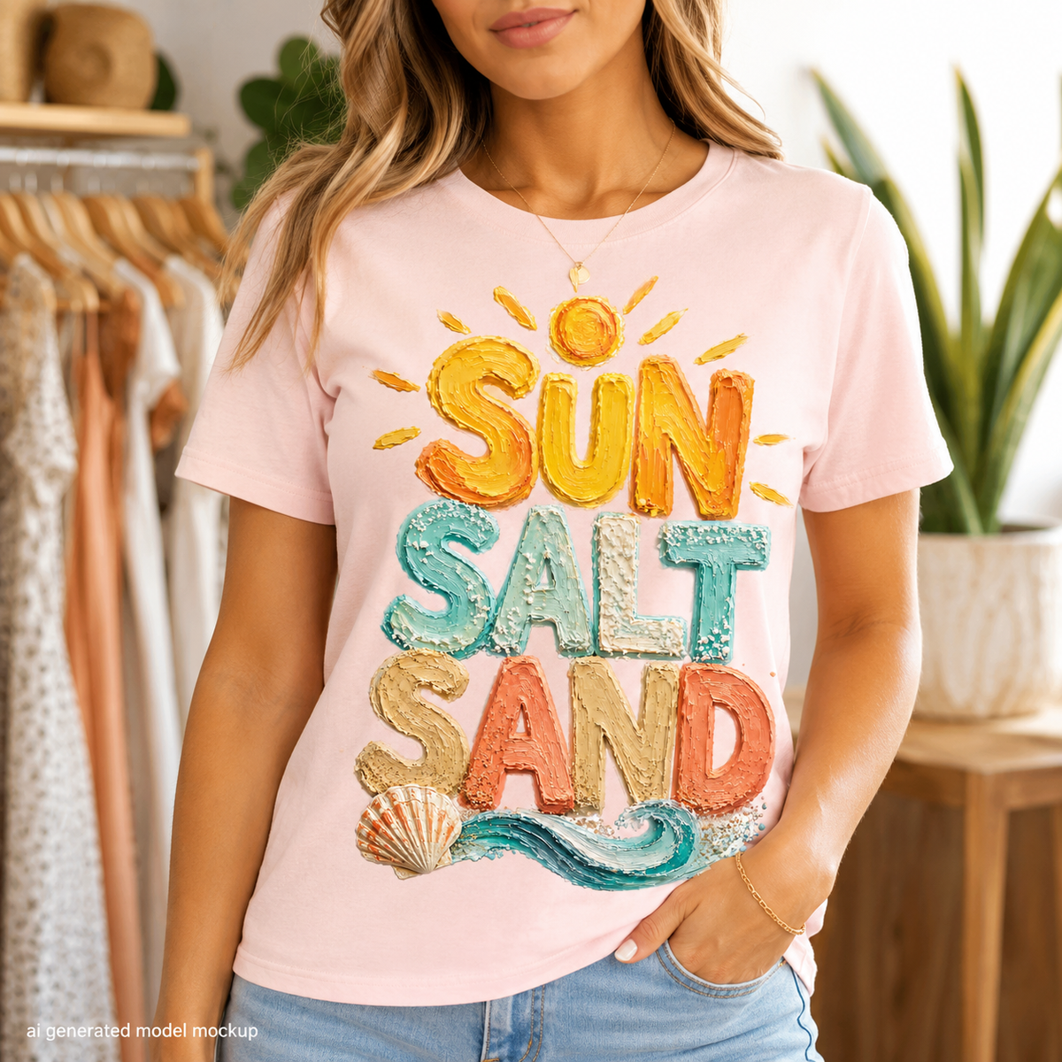 Pink t-shirt with textured "Sun Salt Sand" text, sun, shell, and waves graphic.