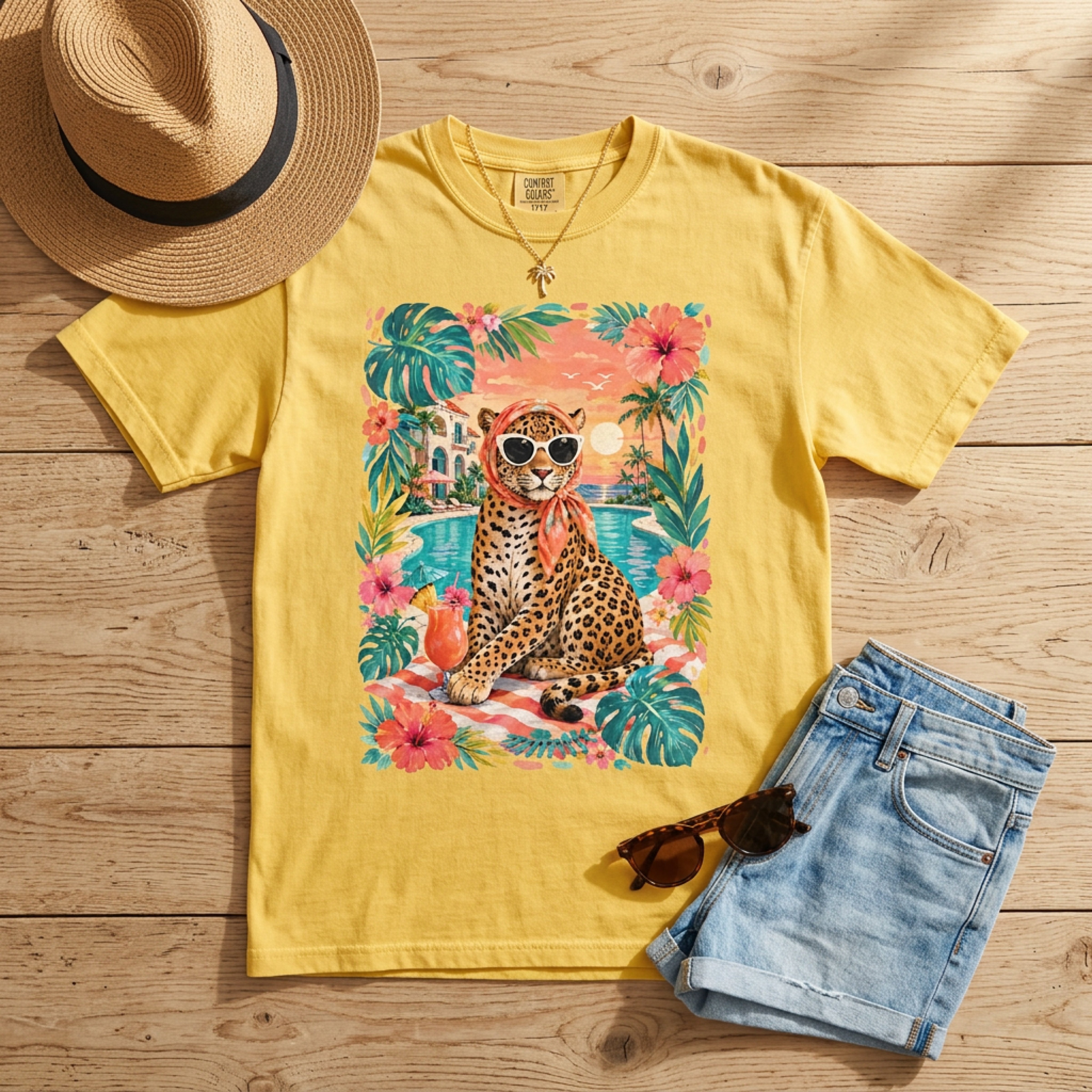Yellow t-shirt with a leopard lounging poolside in tropical foliage.