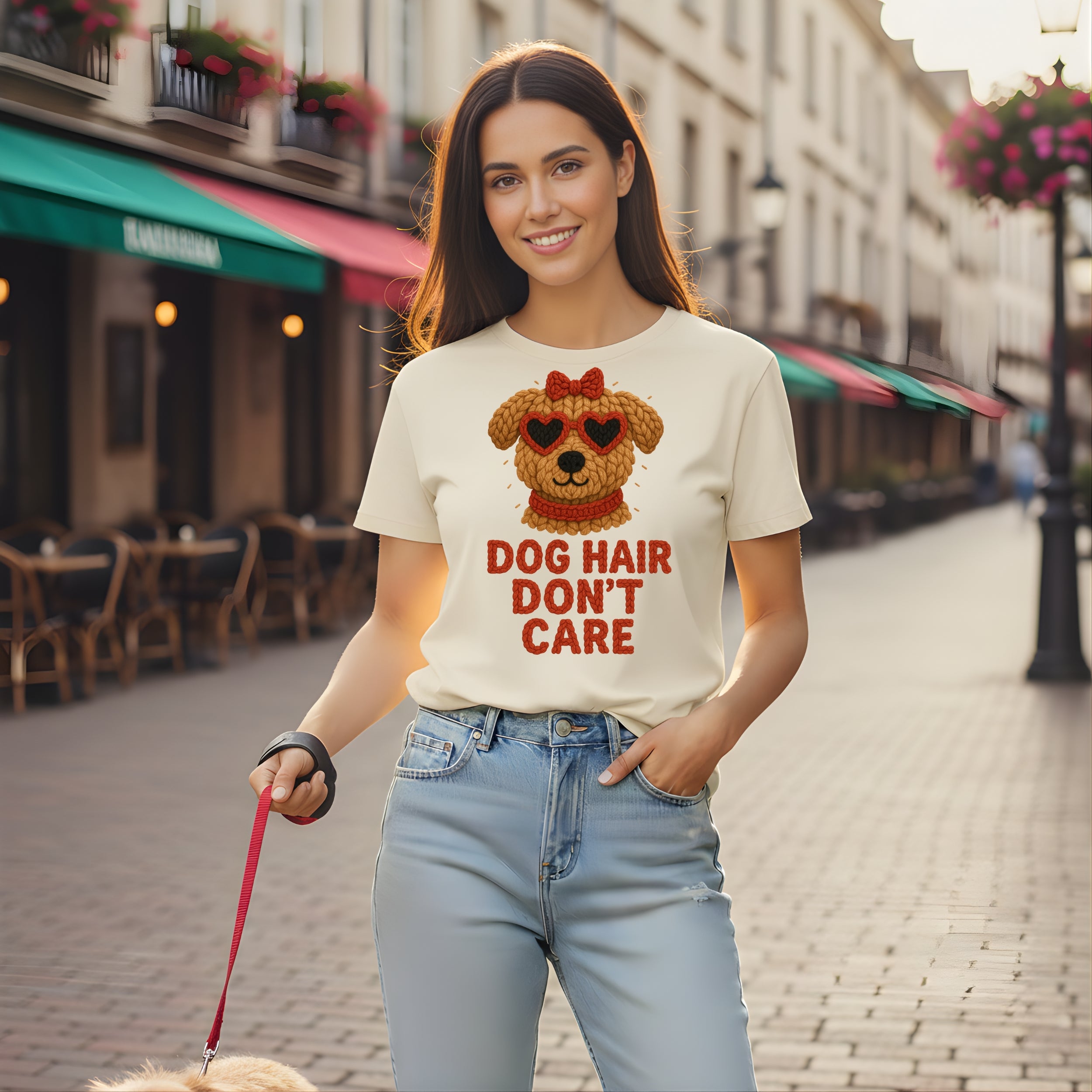 Cream t-shirt with cartoon dog graphic and text "DOG HAIR DON'T CARE."