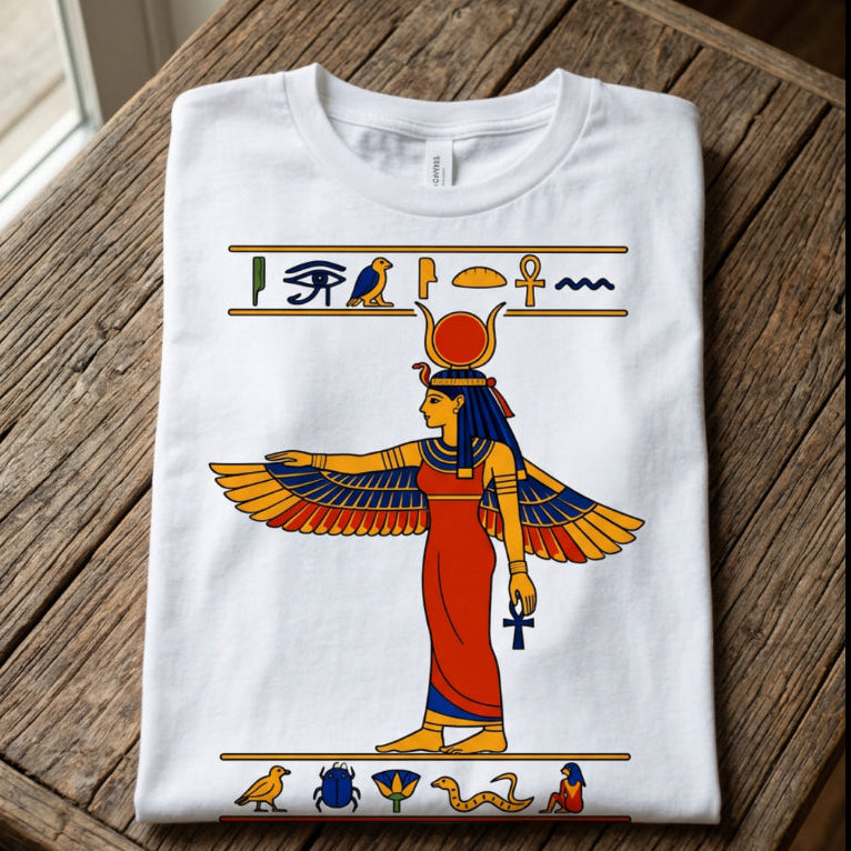 White t-shirt with Egyptian goddess Isis and hieroglyphs.