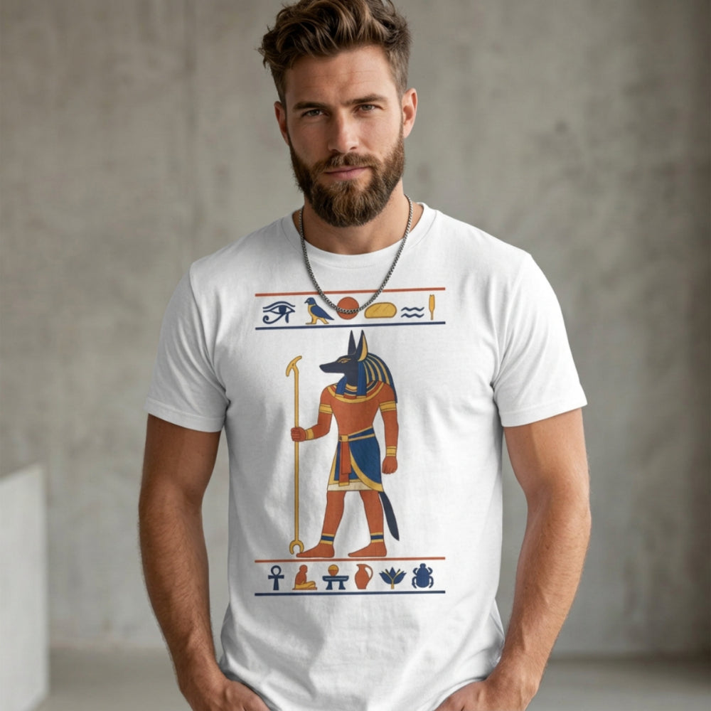 Man wearing white t-shirt with Egyptian Anubis graphic and hieroglyphs.