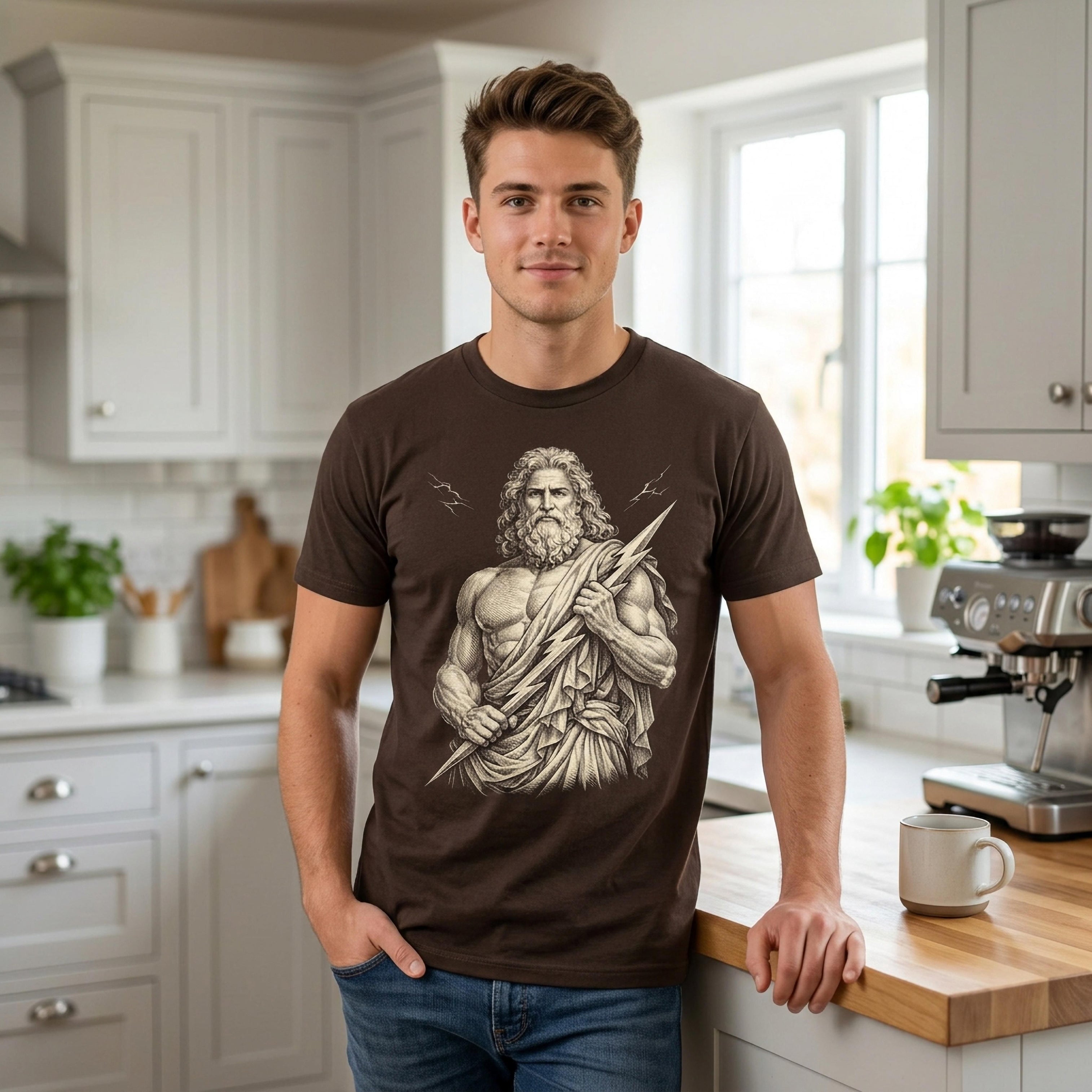 Man in a brown t-shirt with a drawing of Zeus holding a lightning bolt.