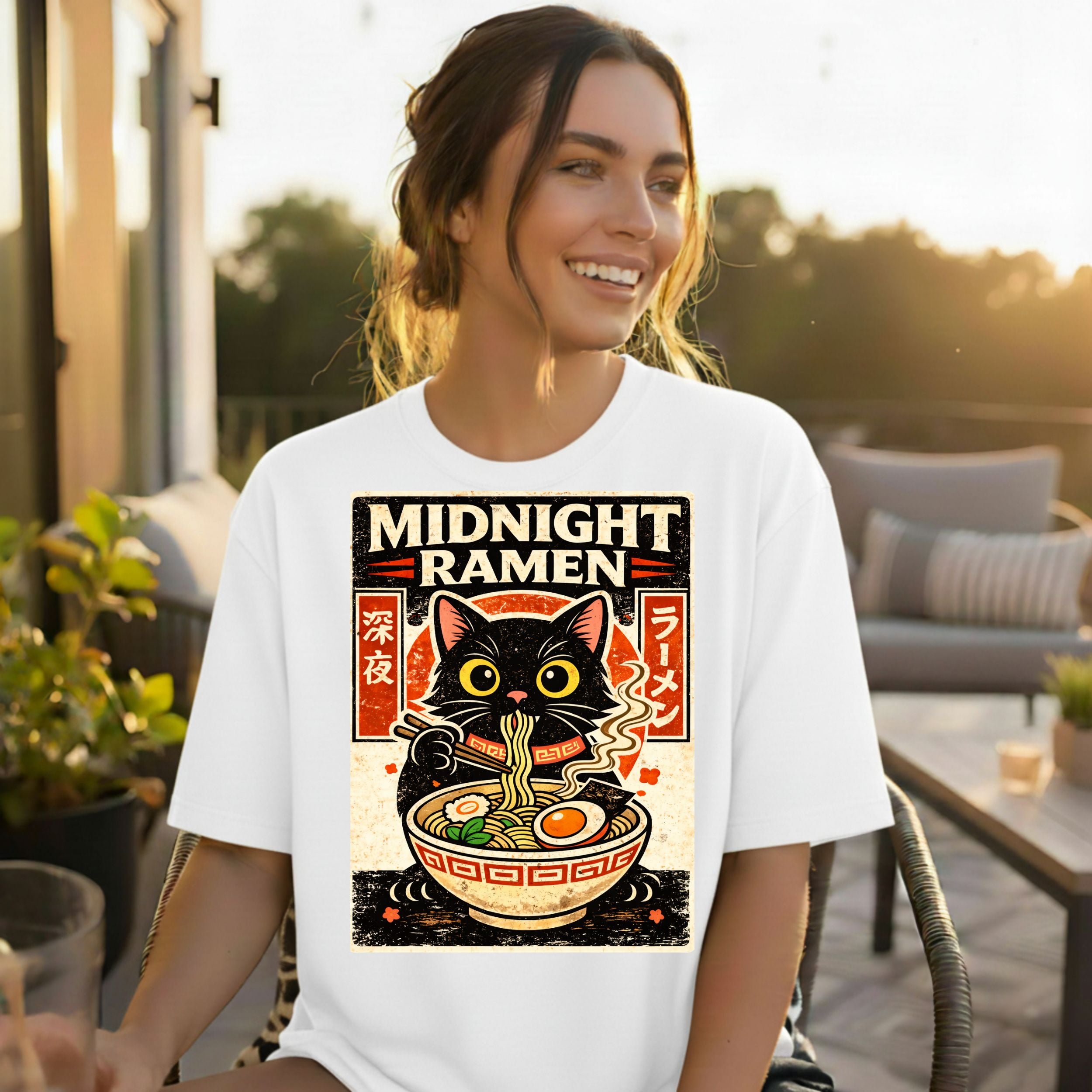Midnight Ramen Cat Graphic T-Shirt for Ramen Lovers