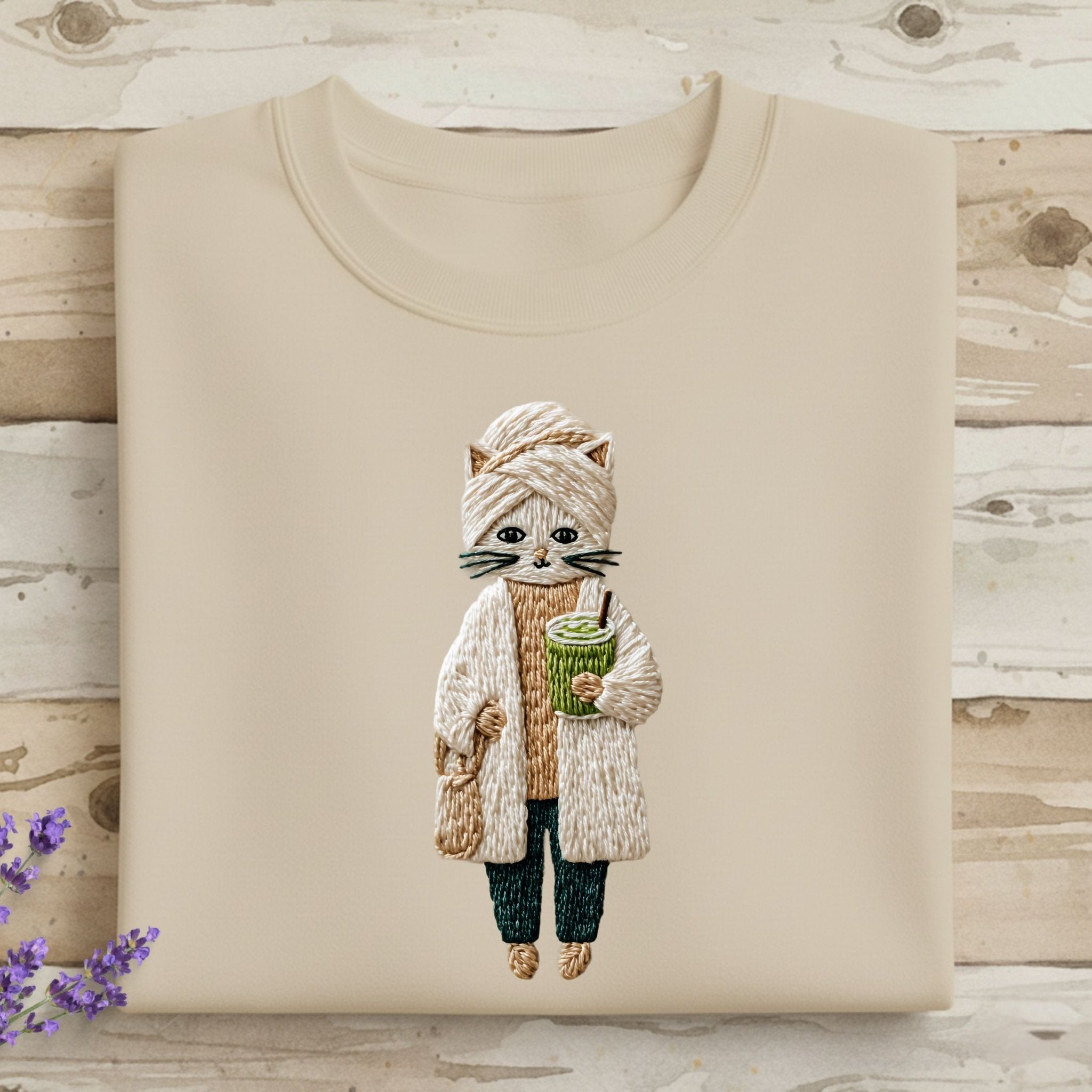Embroidered Cat T Shirt, Boho Cat T-Shirt, Cat with Turban, Funny Cat T Shirt, Drink, Modern Cat T-Shirt, Cat Lover Gift, Pet Cat T-Shirt - Craig Michael Design