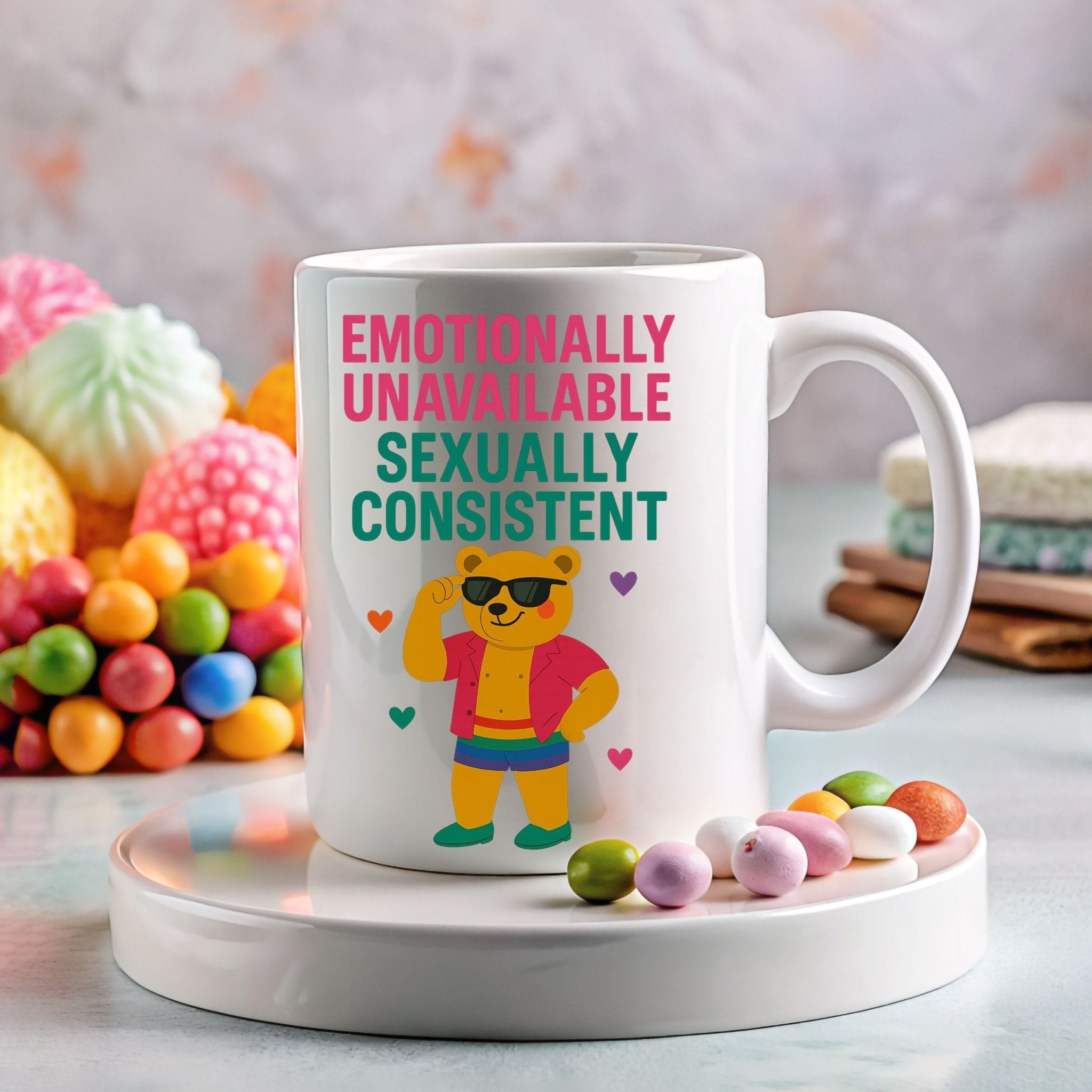 Emotionally Unavailable Gay Mug, Funny Queer Coffee Cup for Him, Rainbow Bear Pride Gift, Sassy Gay Office Mug, Bold LGBTQ Camp Drinkware - Craig Michael Design