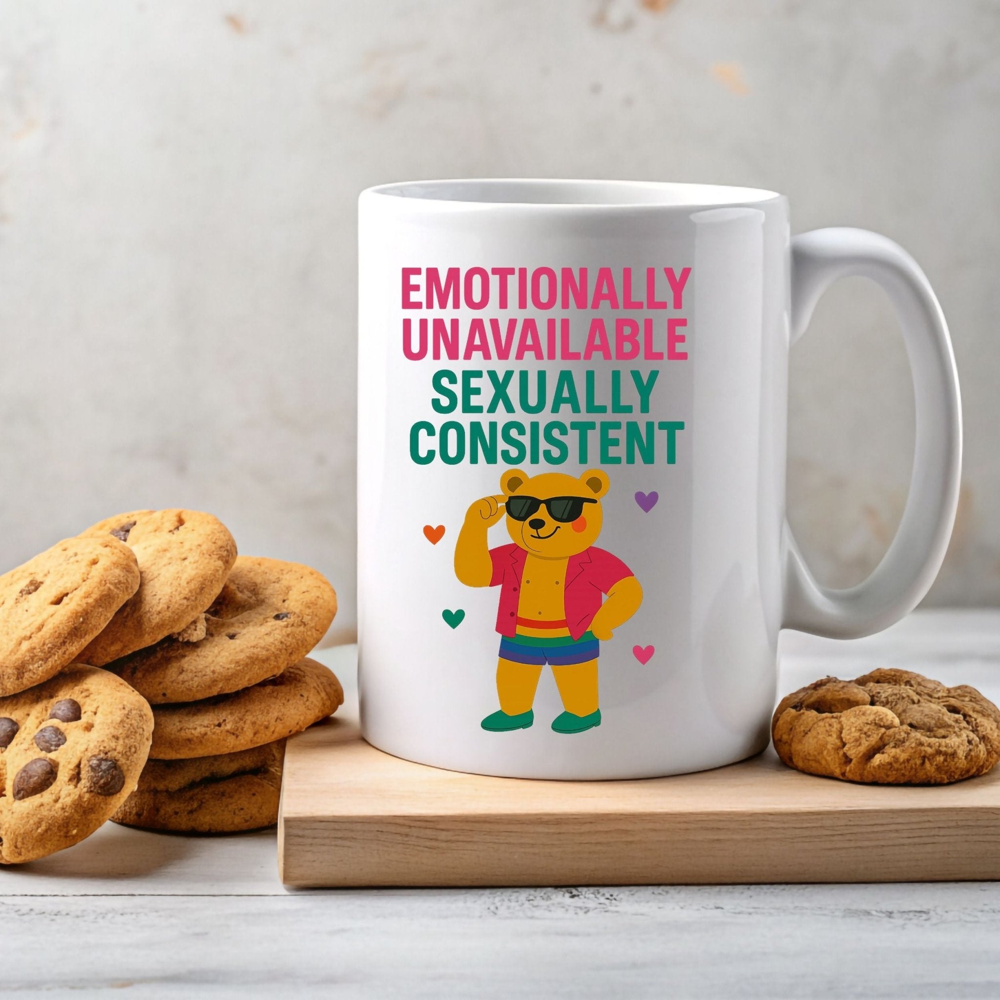 Emotionally Unavailable Gay Mug, Funny Queer Coffee Cup for Him, Rainbow Bear Pride Gift, Sassy Gay Office Mug, Bold LGBTQ Camp Drinkware - Craig Michael Design