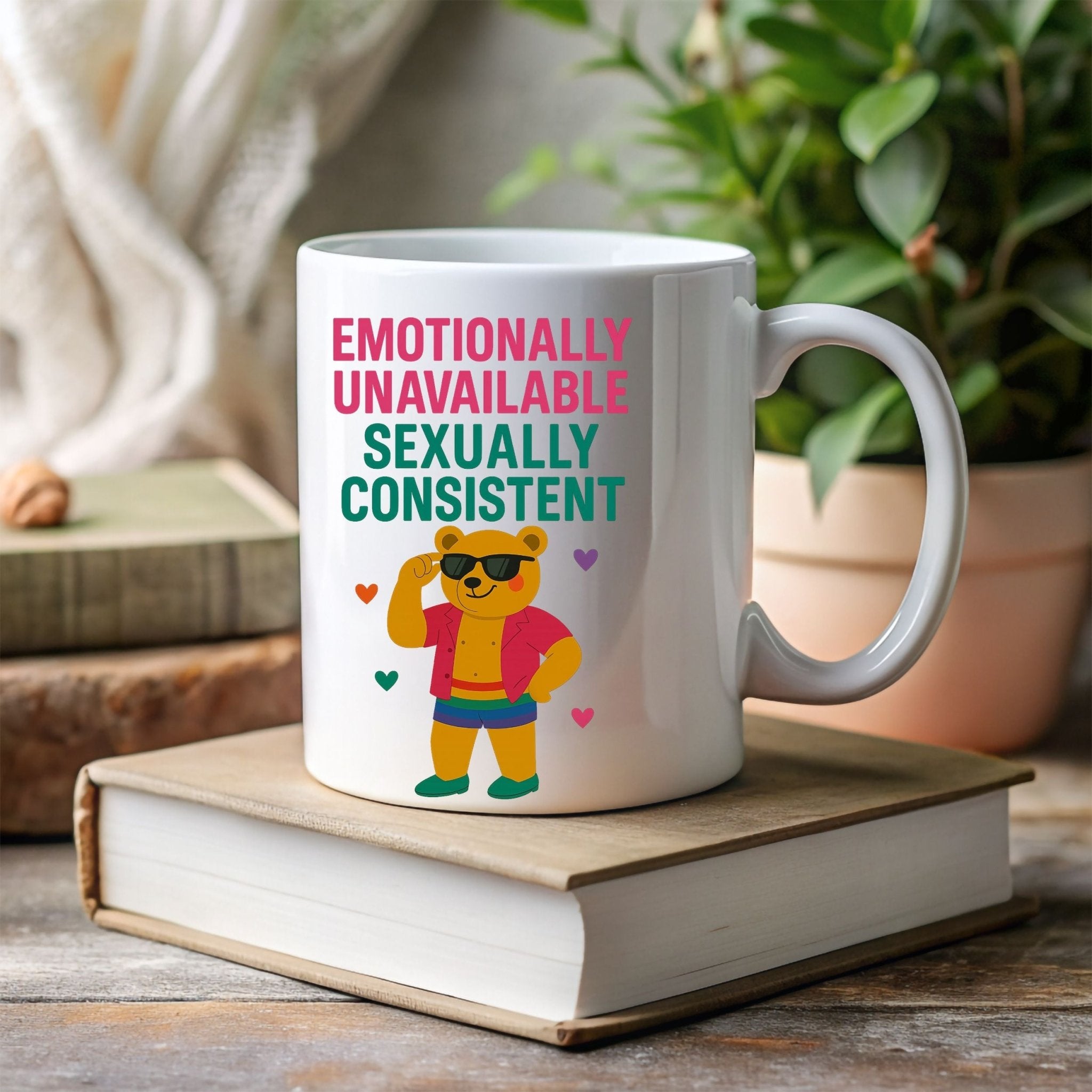Emotionally Unavailable Gay Mug, Funny Queer Coffee Cup for Him, Rainbow Bear Pride Gift, Sassy Gay Office Mug, Bold LGBTQ Camp Drinkware - Craig Michael Design