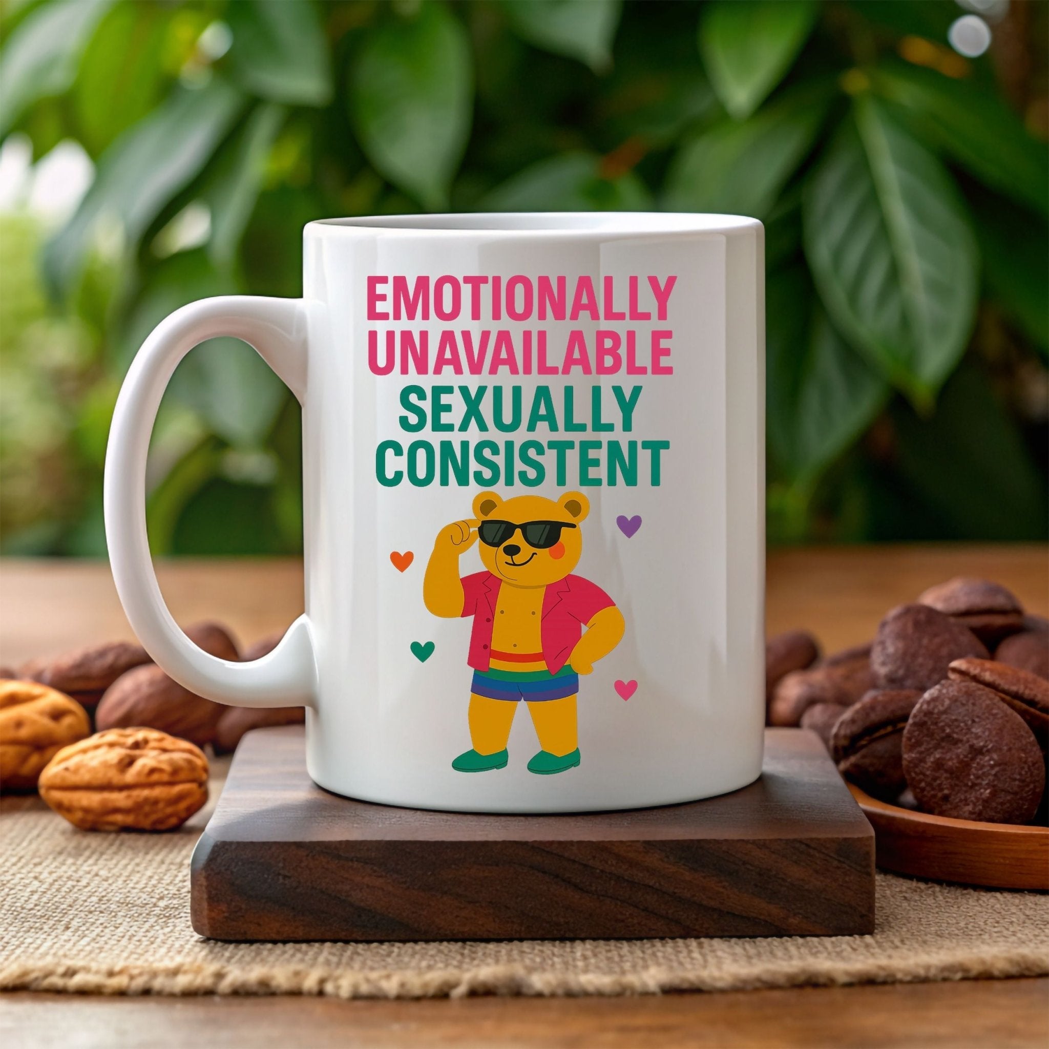 Emotionally Unavailable Gay Mug, Funny Queer Coffee Cup for Him, Rainbow Bear Pride Gift, Sassy Gay Office Mug, Bold LGBTQ Camp Drinkware - Craig Michael Design