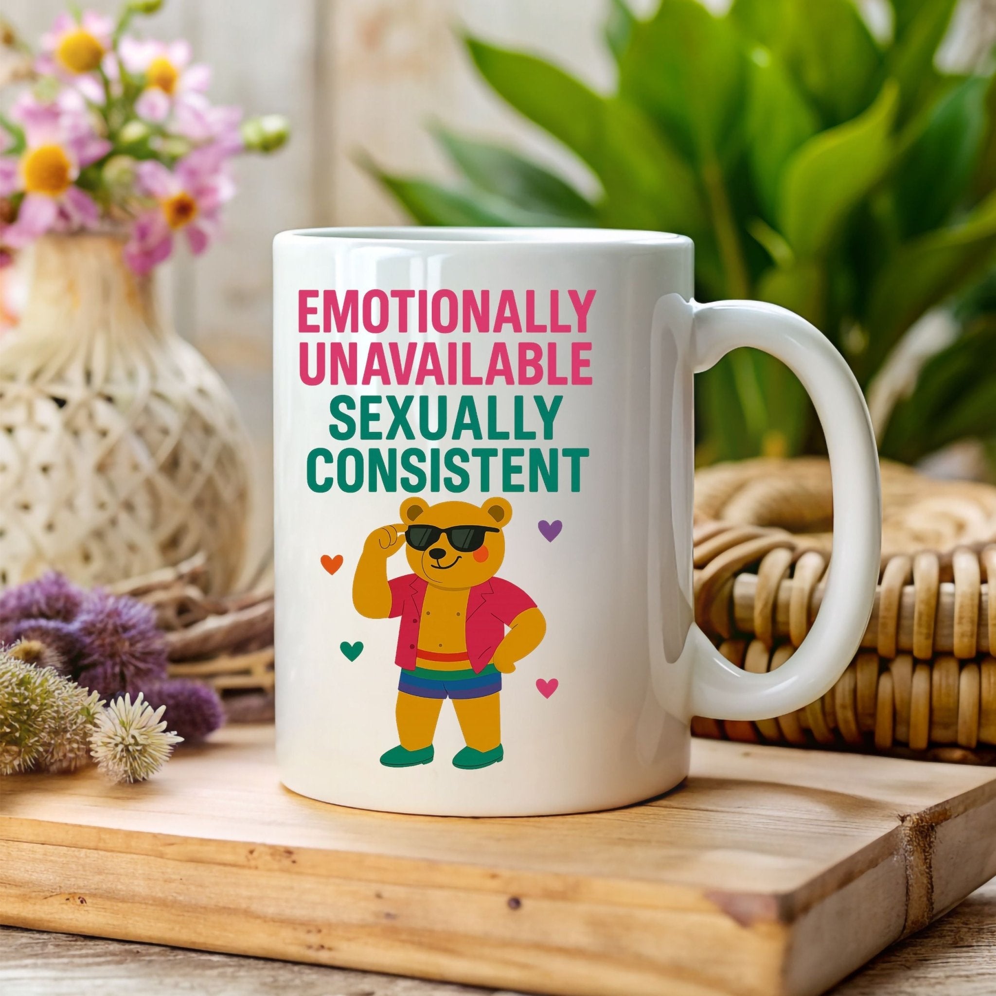 Emotionally Unavailable Gay Mug, Funny Queer Coffee Cup for Him, Rainbow Bear Pride Gift, Sassy Gay Office Mug, Bold LGBTQ Camp Drinkware - Craig Michael Design