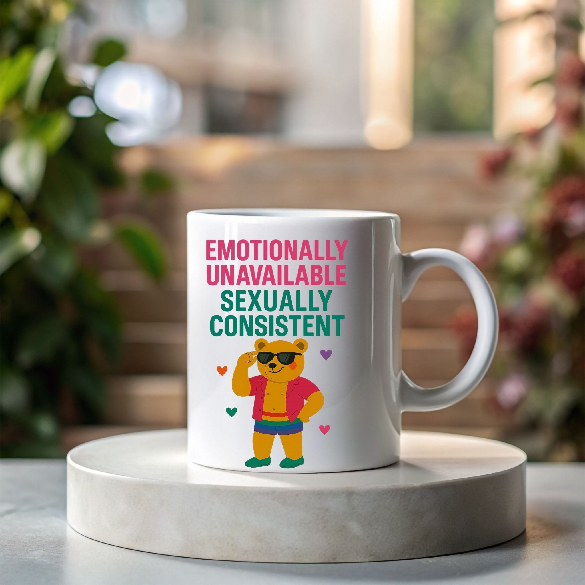 Emotionally Unavailable Gay Mug, Funny Queer Coffee Cup for Him, Rainbow Bear Pride Gift, Sassy Gay Office Mug, Bold LGBTQ Camp Drinkware - Craig Michael Design