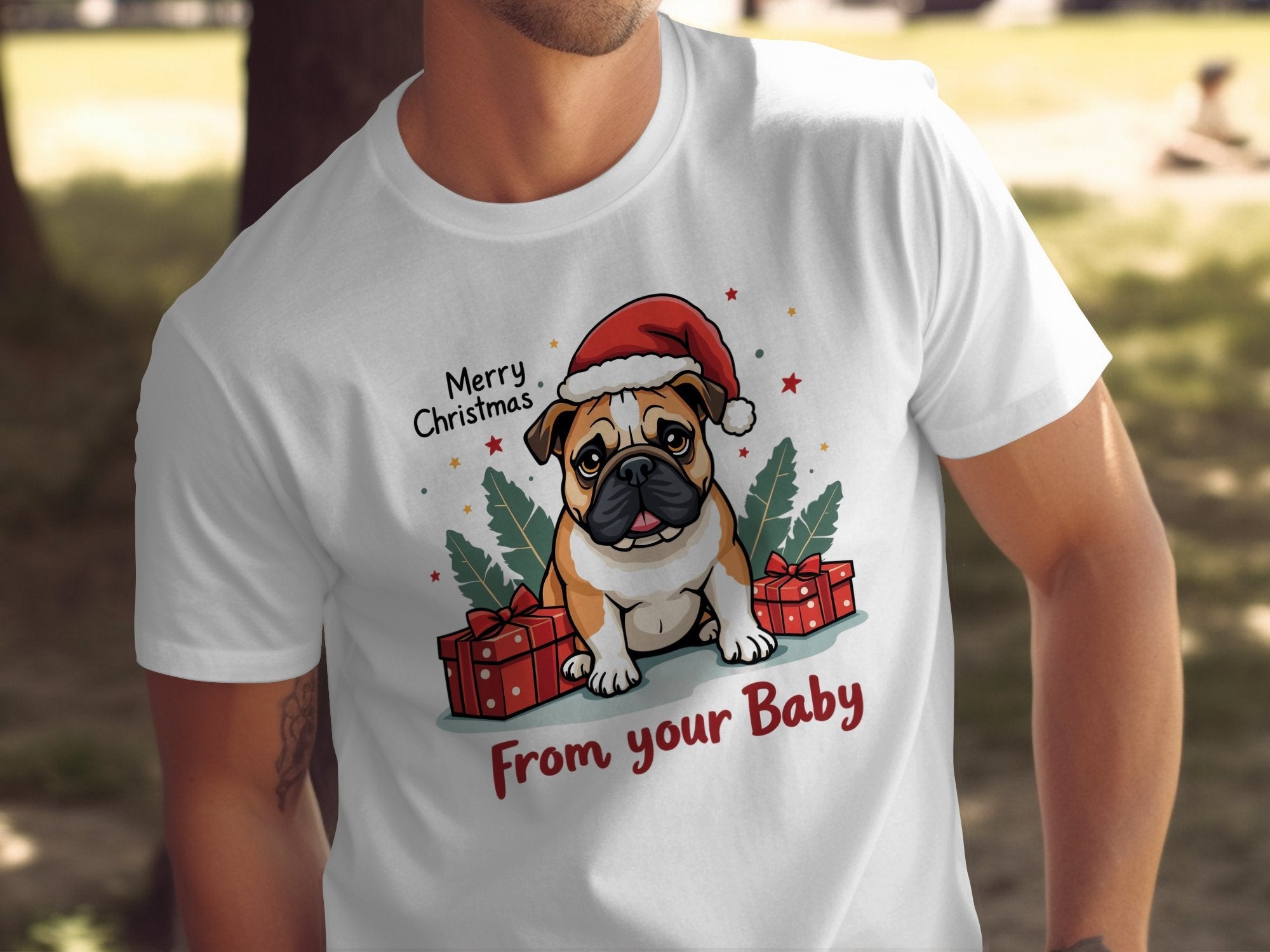 English Bulldog Christmas T-Shirt, Bulldog with Santa Hat, Cute English Bulldog Gifts, Merry Christmas Tee, Bulldog Lover Shirt - Craig Michael Design