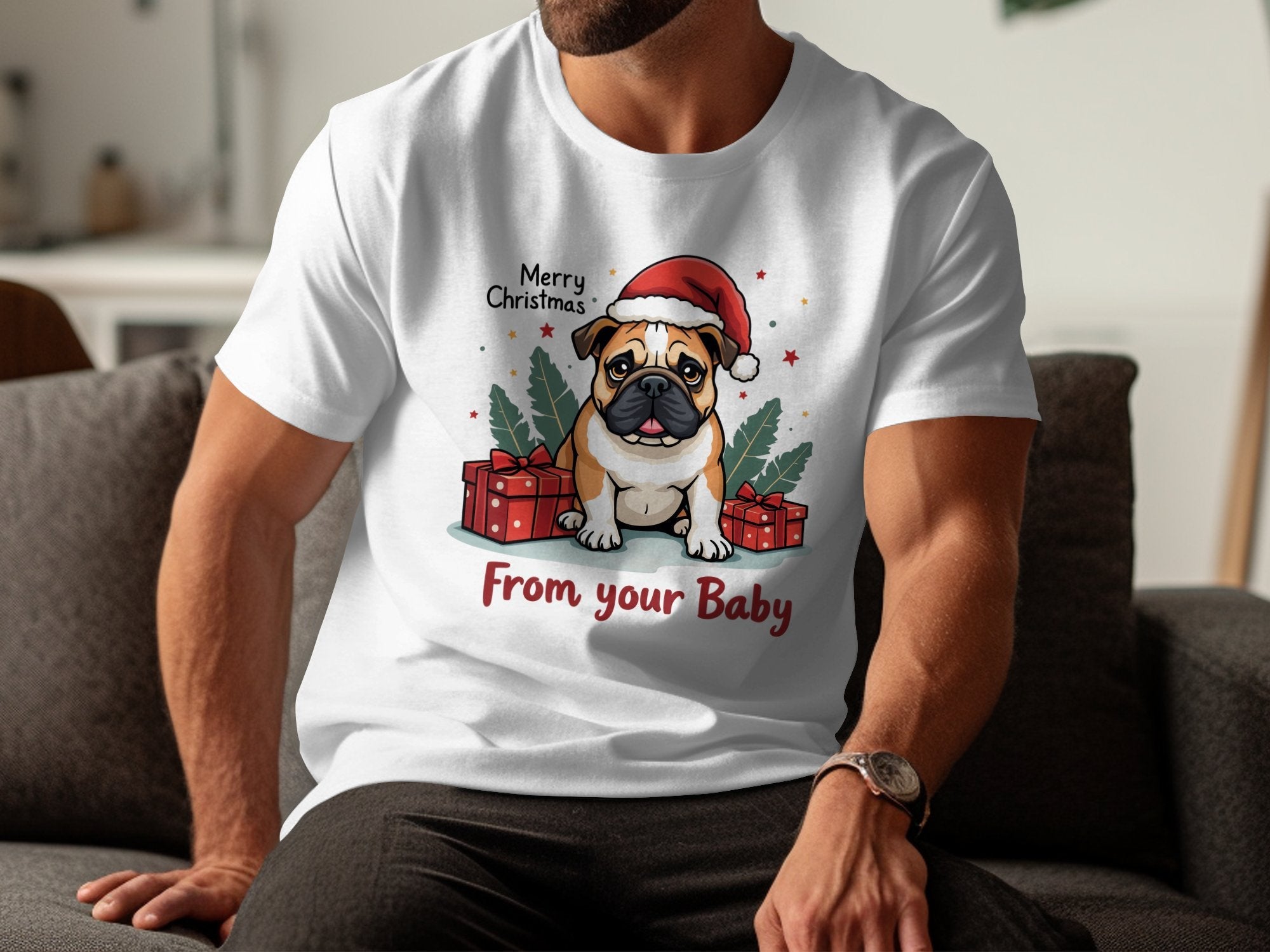 English Bulldog Christmas T-Shirt, Bulldog with Santa Hat, Cute English Bulldog Gifts, Merry Christmas Tee, Bulldog Lover Shirt - Craig Michael Design