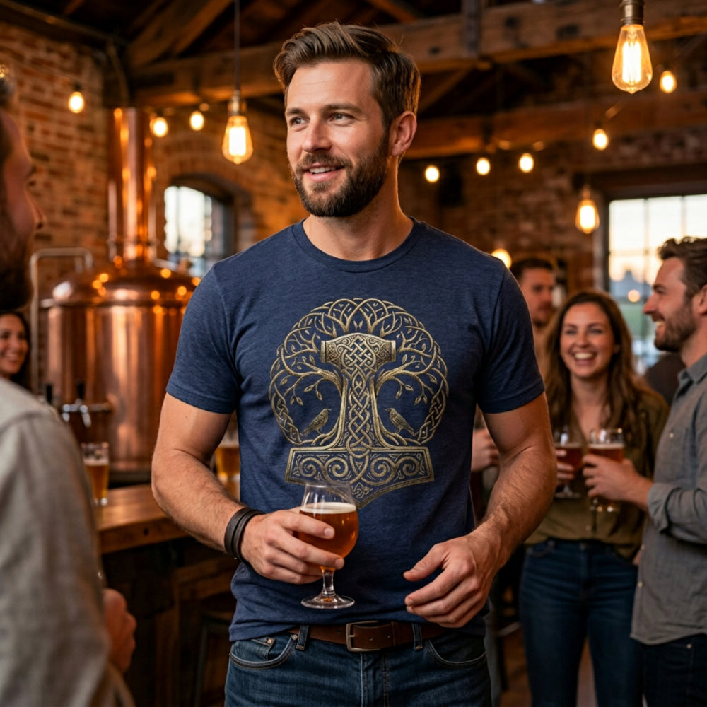 Man in blue t-shirt with Thor's hammer and tree design holding beer.