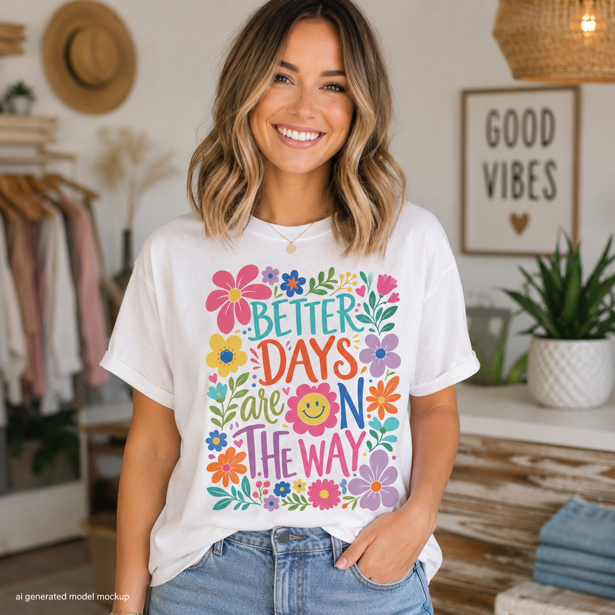 White t-shirt with colorful floral design and text "BETTER DAYS are ON THE WAY."