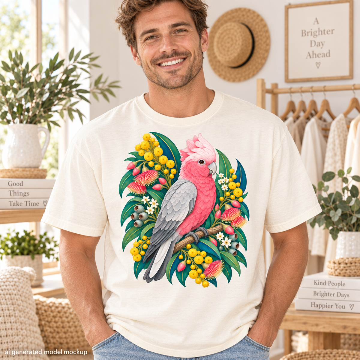 Cream t-shirt with Galah parrot and Australian flora illustration.