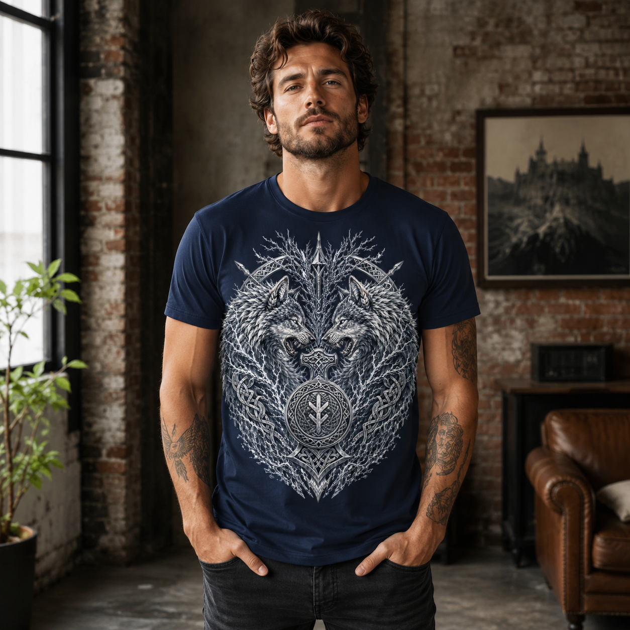 Man wearing navy t-shirt with Viking wolf and knotwork graphic.