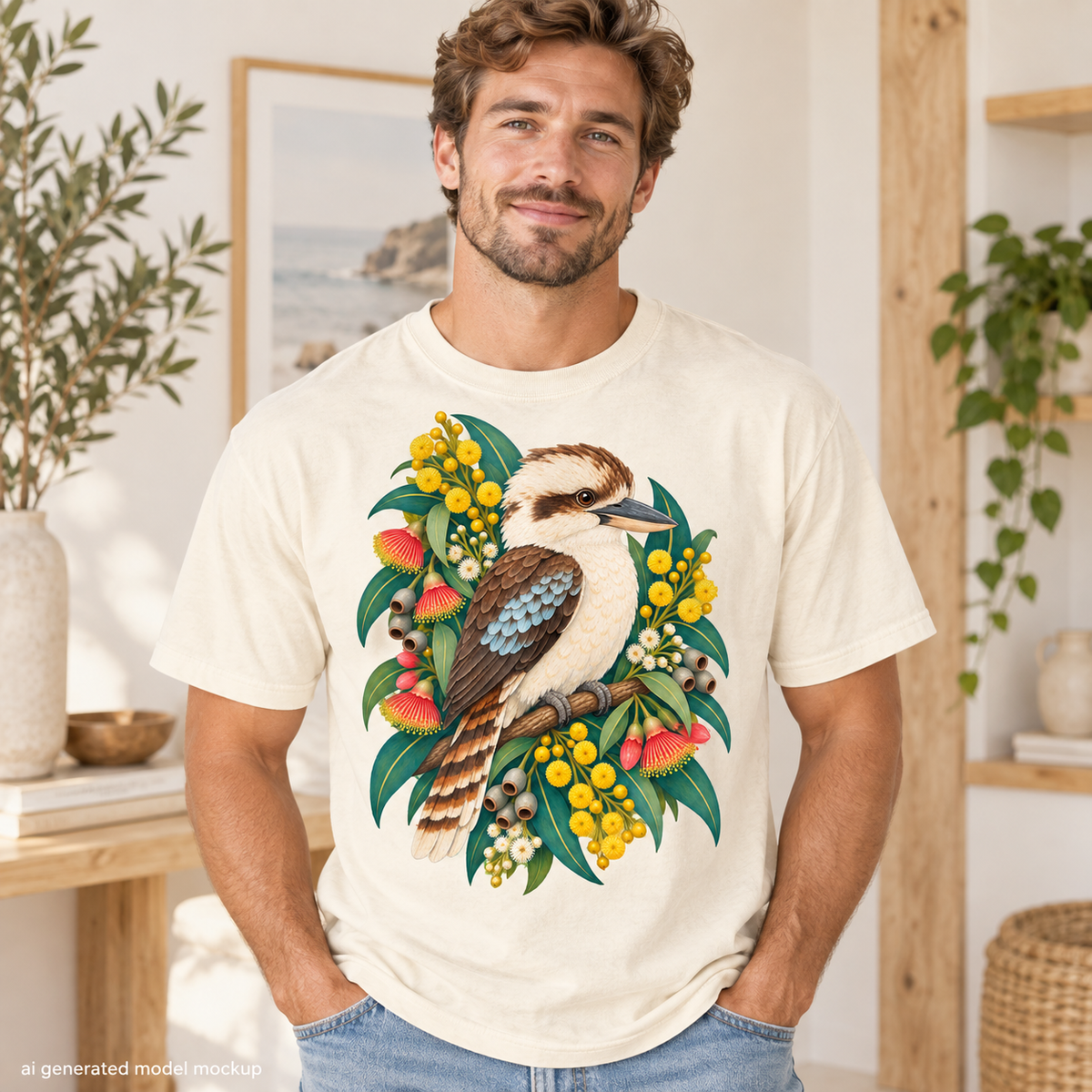 Cream t-shirt with kookaburra and floral illustration on front.