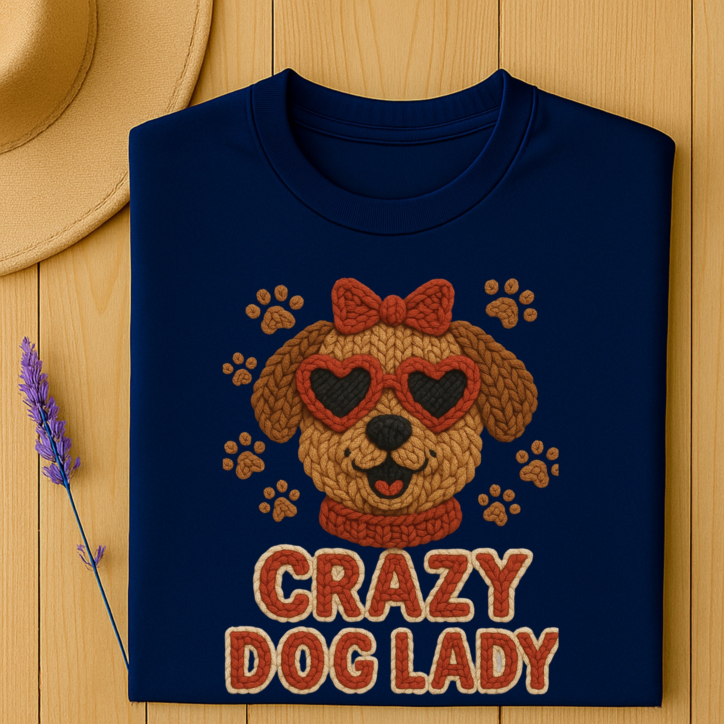 Navy sweatshirt with knitted dog face wearing heart sunglasses and "Crazy Dog Lady" text.
