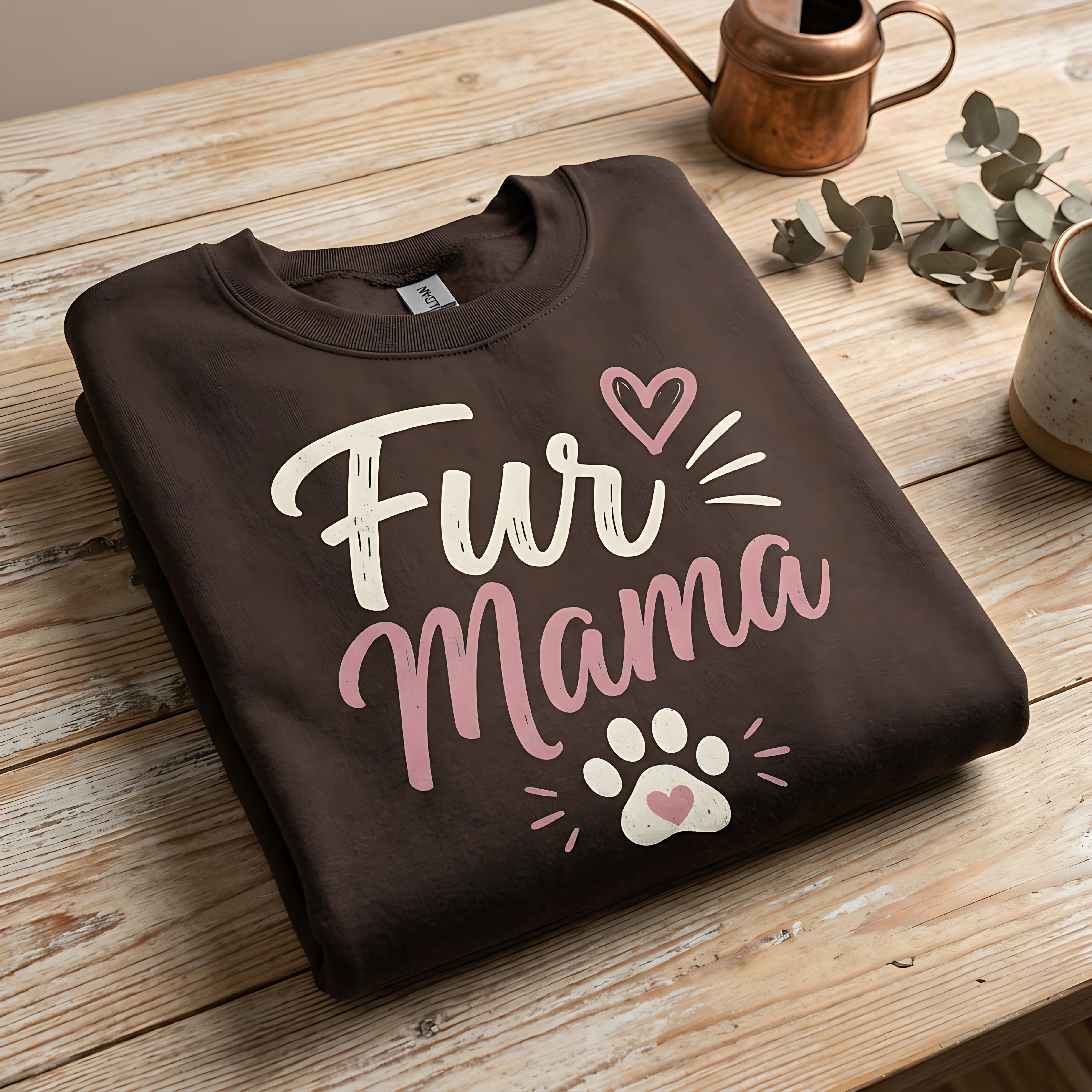 Brown crewneck sweatshirt with "Fur Mama" text and paw print graphic.