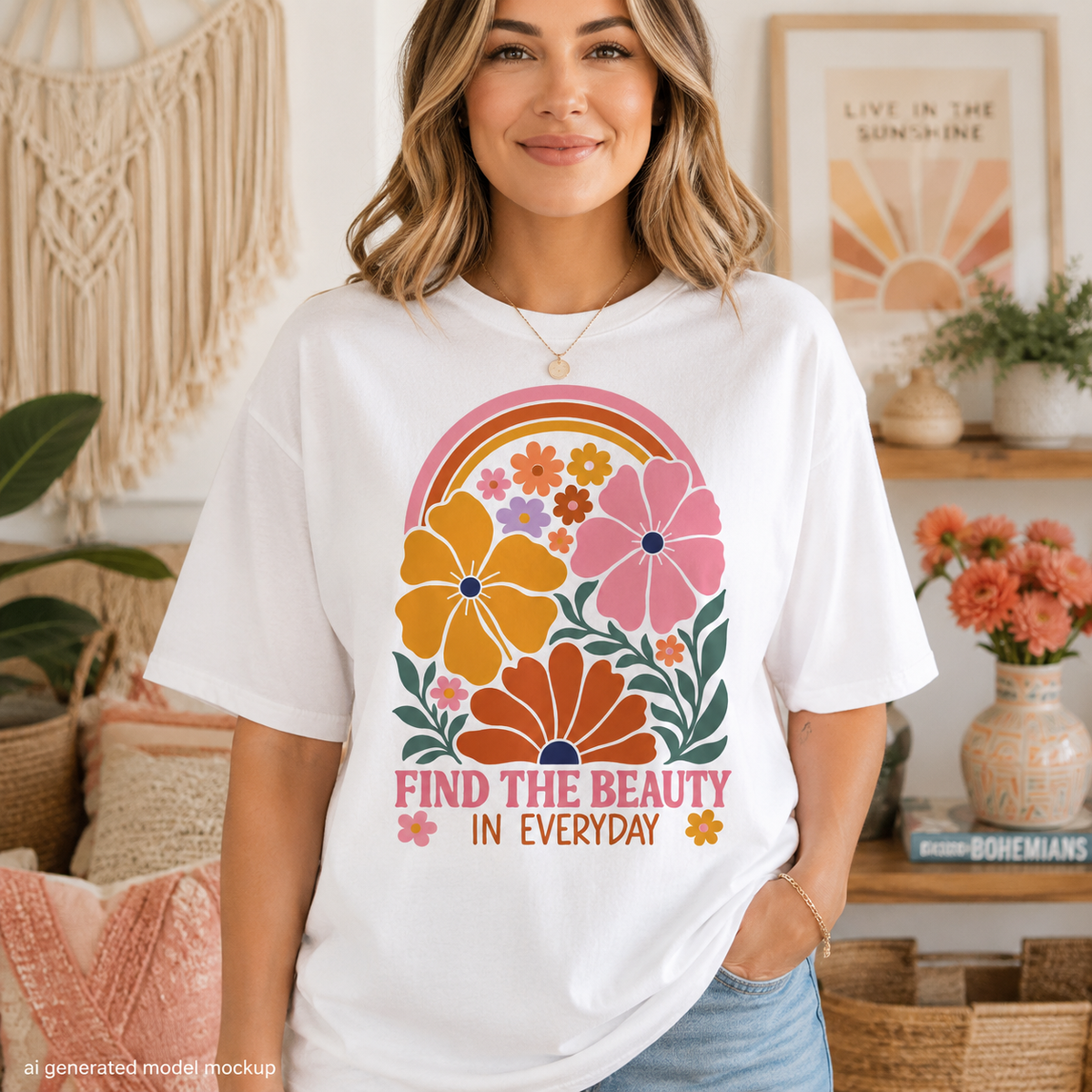 White t-shirt with floral rainbow graphic and text "Find the Beauty in Everyday".