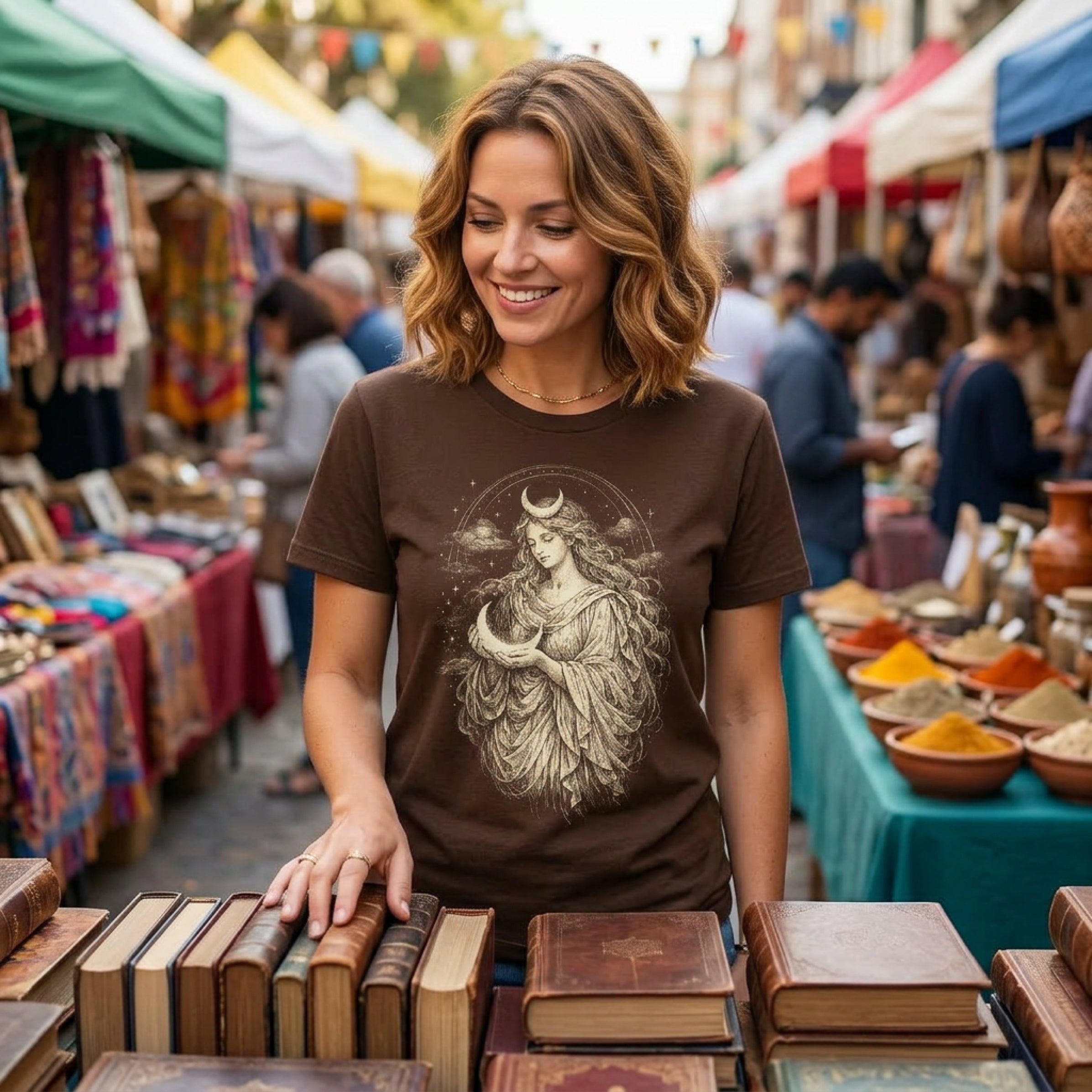 Woman in brown t-shirt with moon goddess graphic at outdoor market with books.