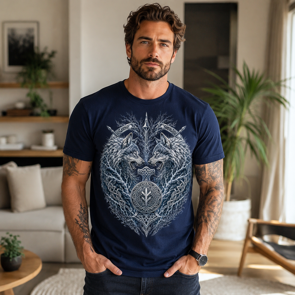 Navy t-shirt featuring Norse wolves and a runic symbol.